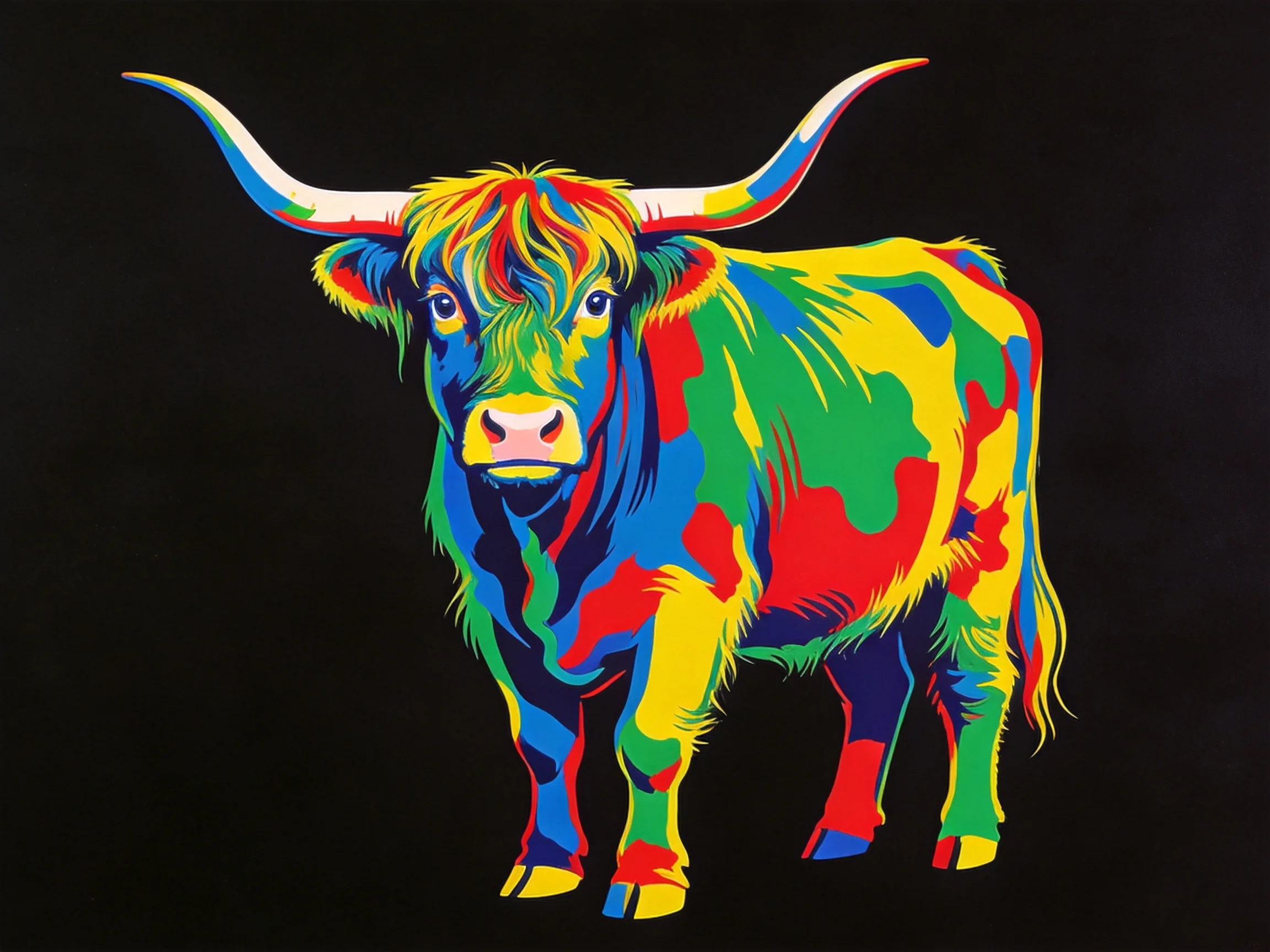 Vibrant multicolored bull illustration with large curved horns