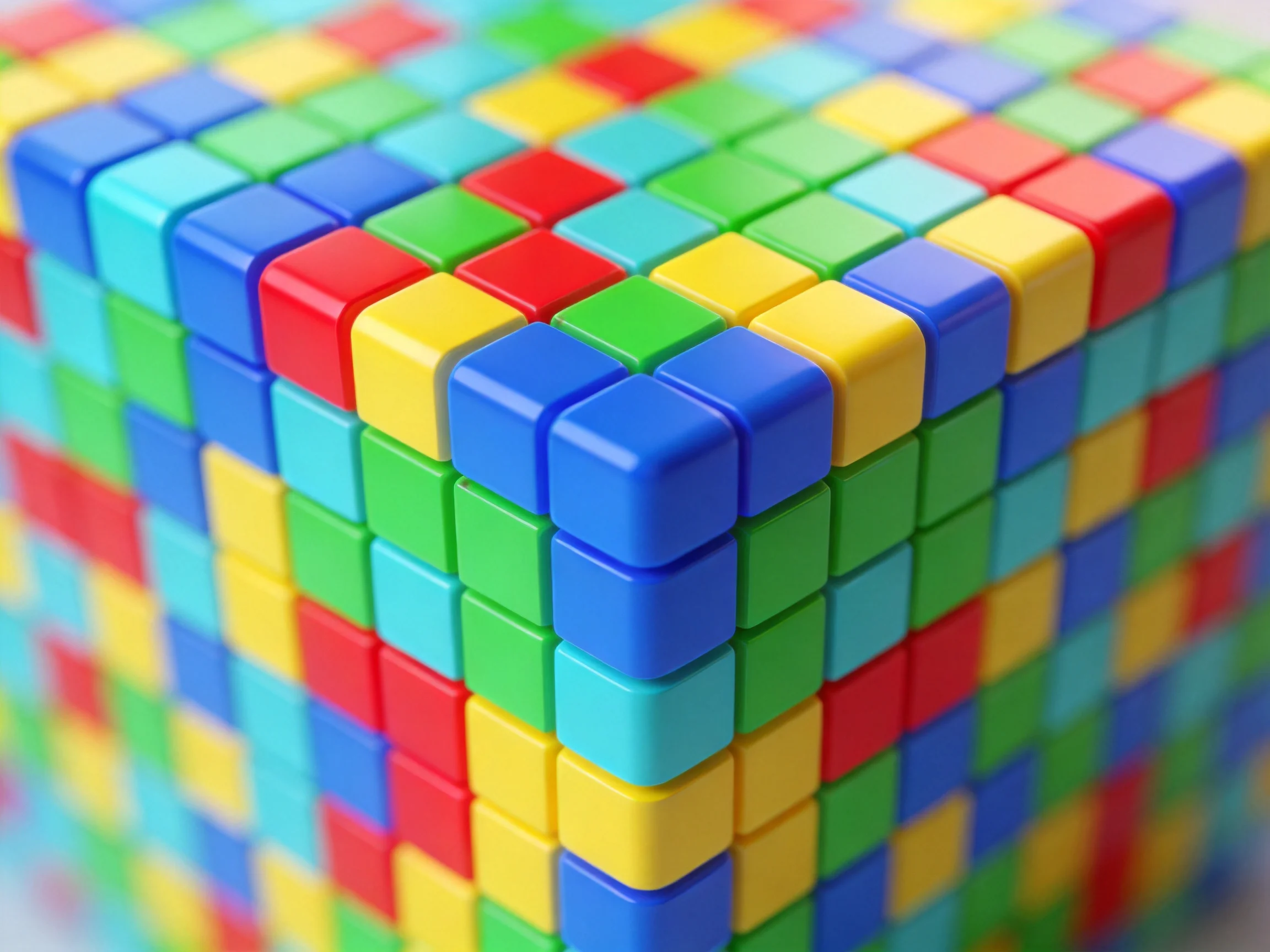 A large cube formed by small brightly colored blocks.