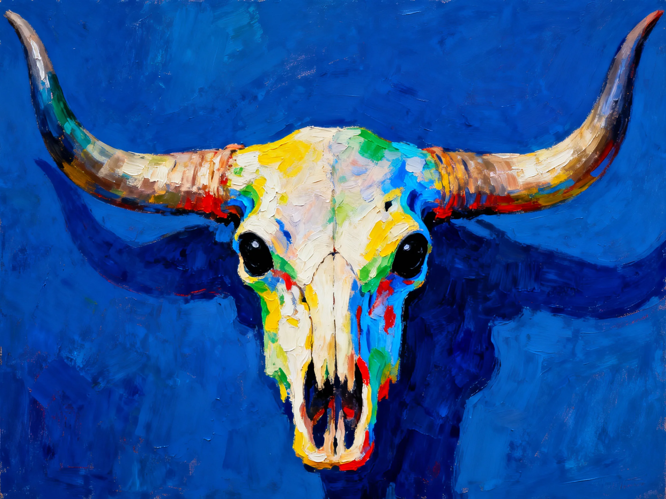 Vibrantly Painted Bull Skull with Large Curved Horns