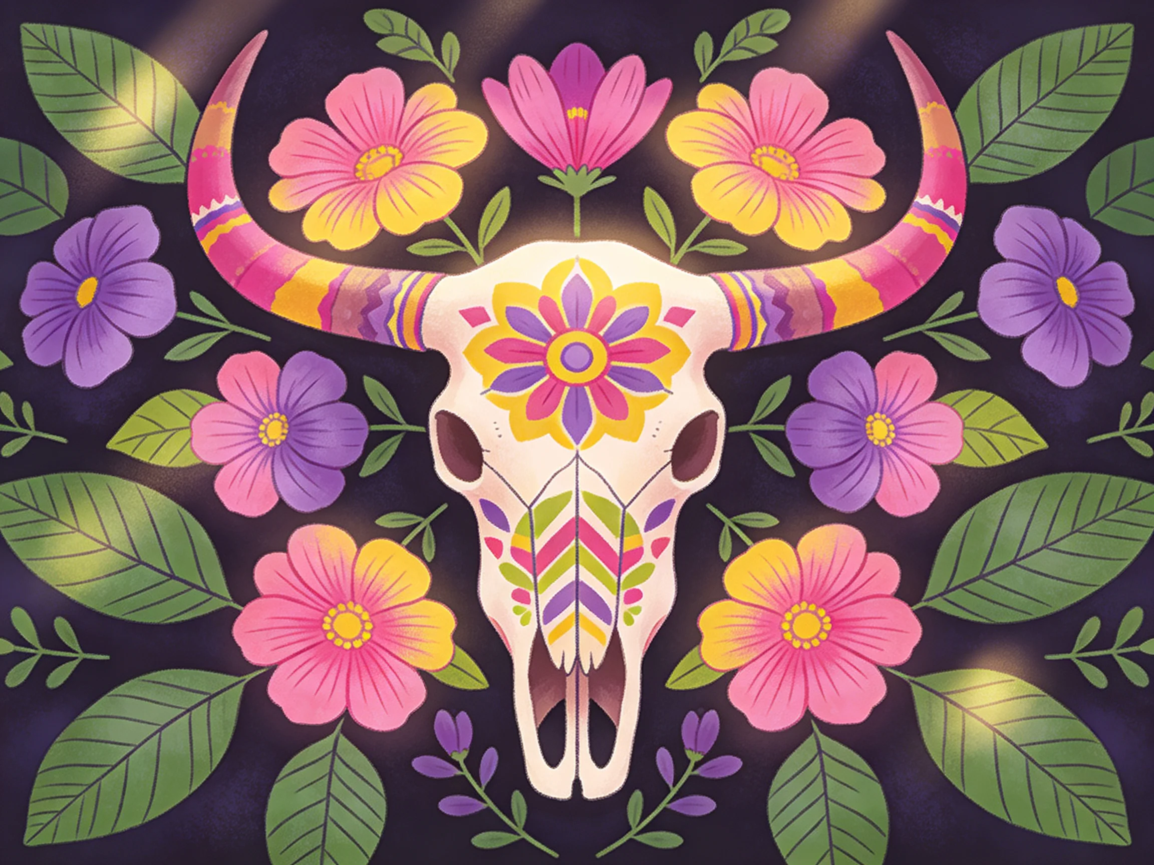 Vibrantly decorated bull skull surrounded by pink, purple, yellow flowers and green leaves