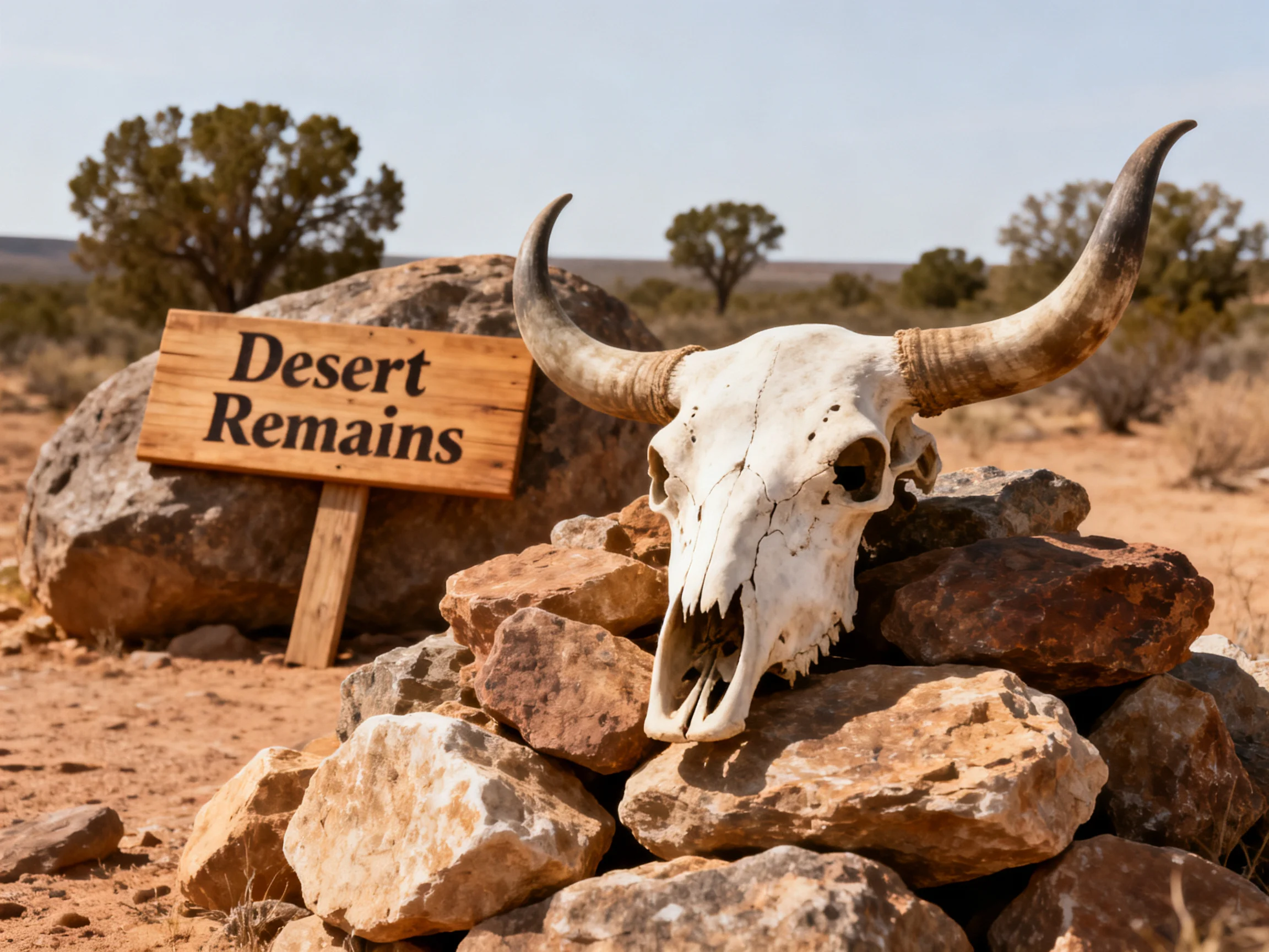 Weathered cow skull on rocks near desert sign