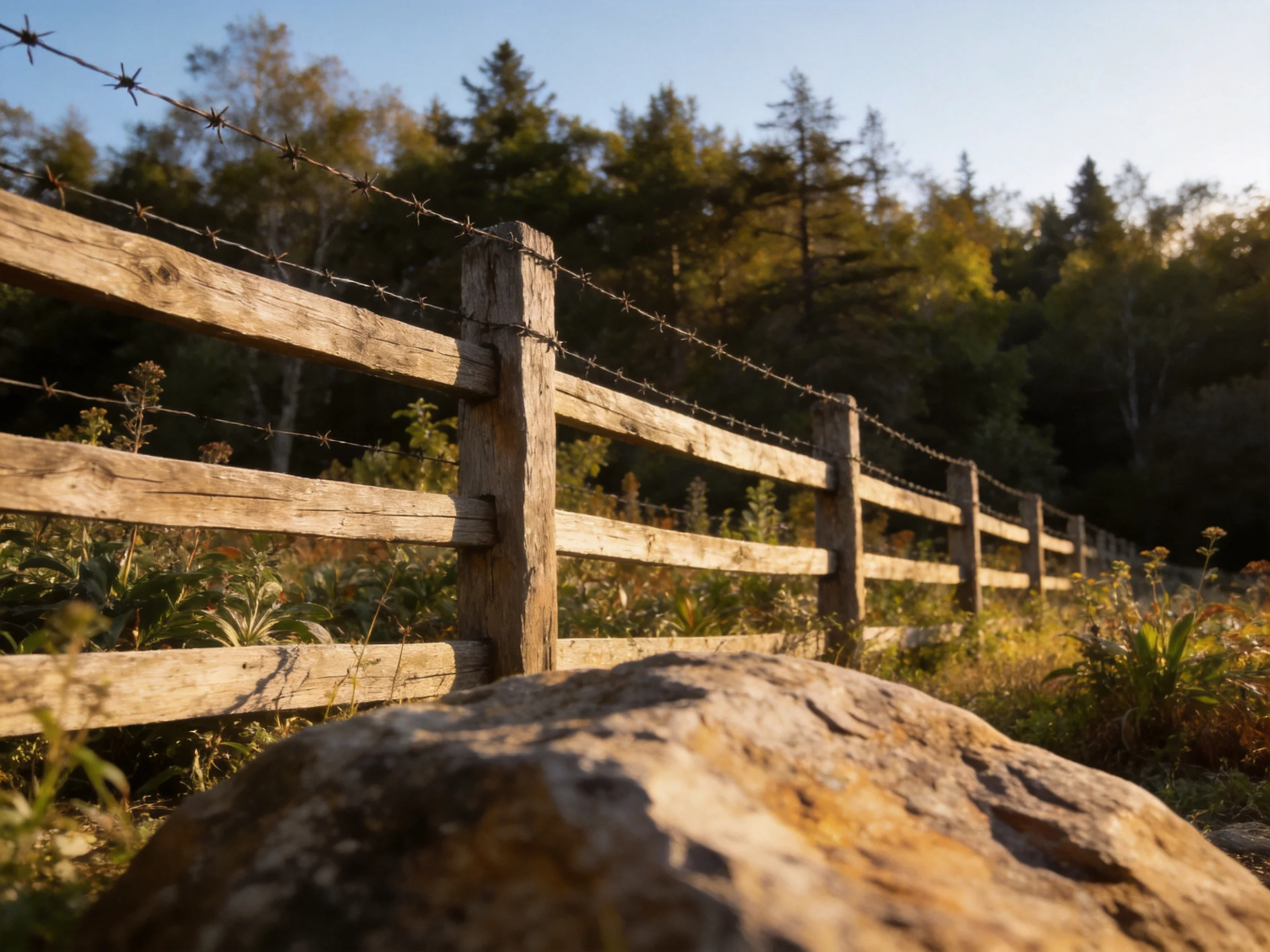 Weathered wooden fence with barbed wire near a large rock and forest