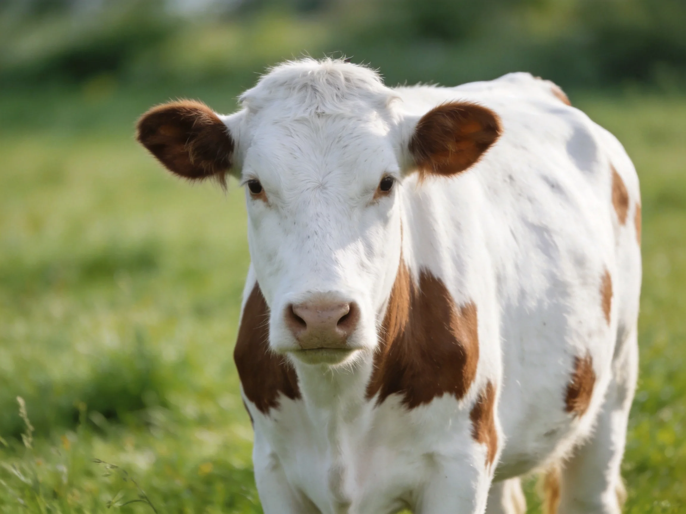 White and brown spotted calf in a sunlit green pasture