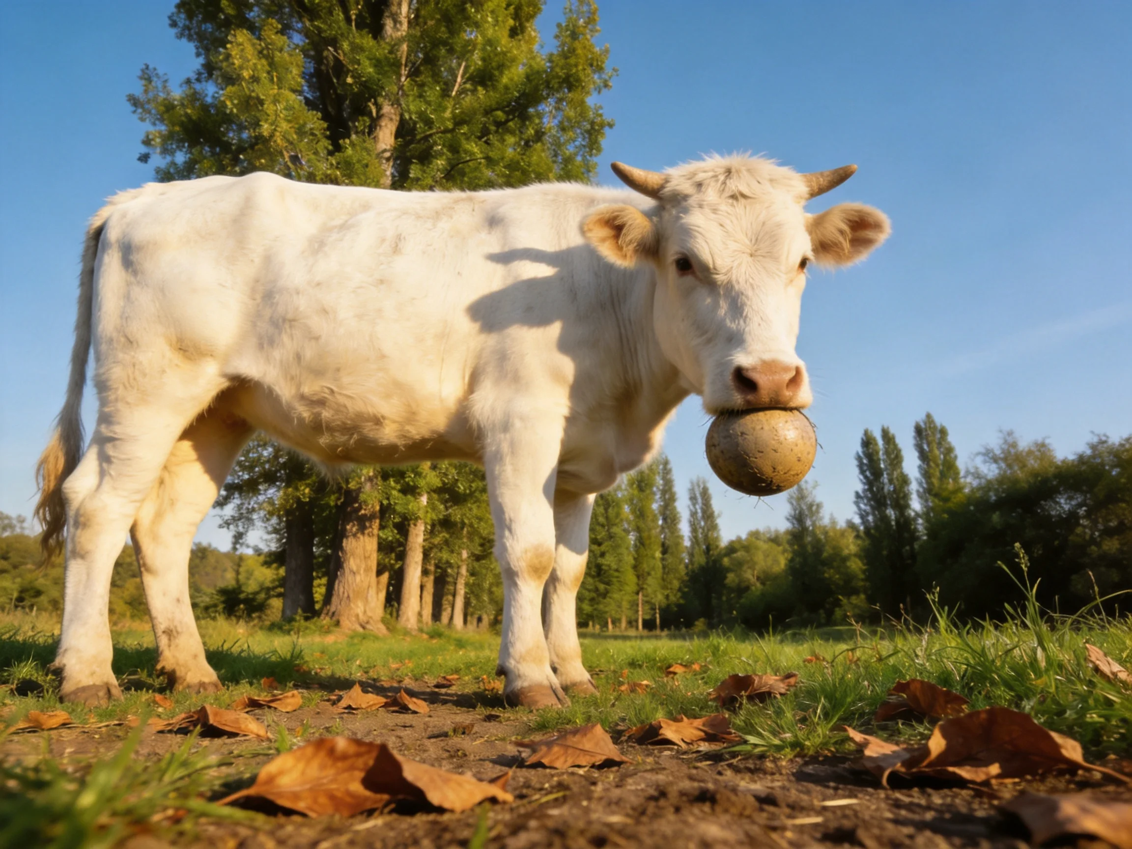 White calf holding a round object near tall green trees