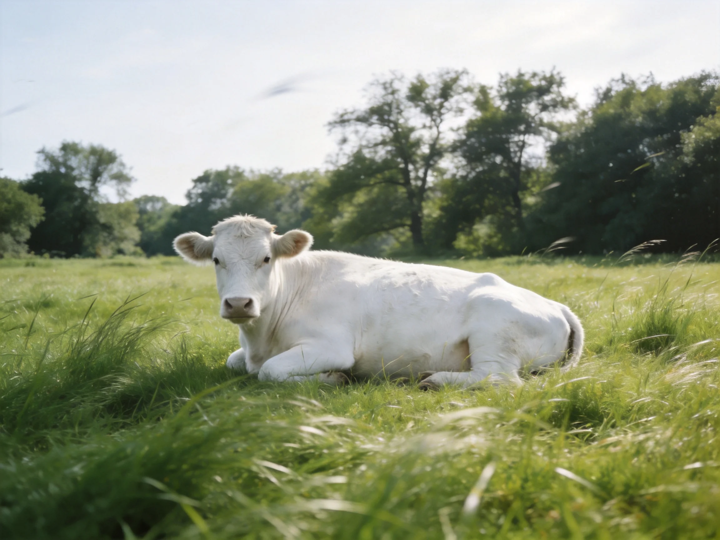 White calf reclining in sun-dappled green pasture near trees