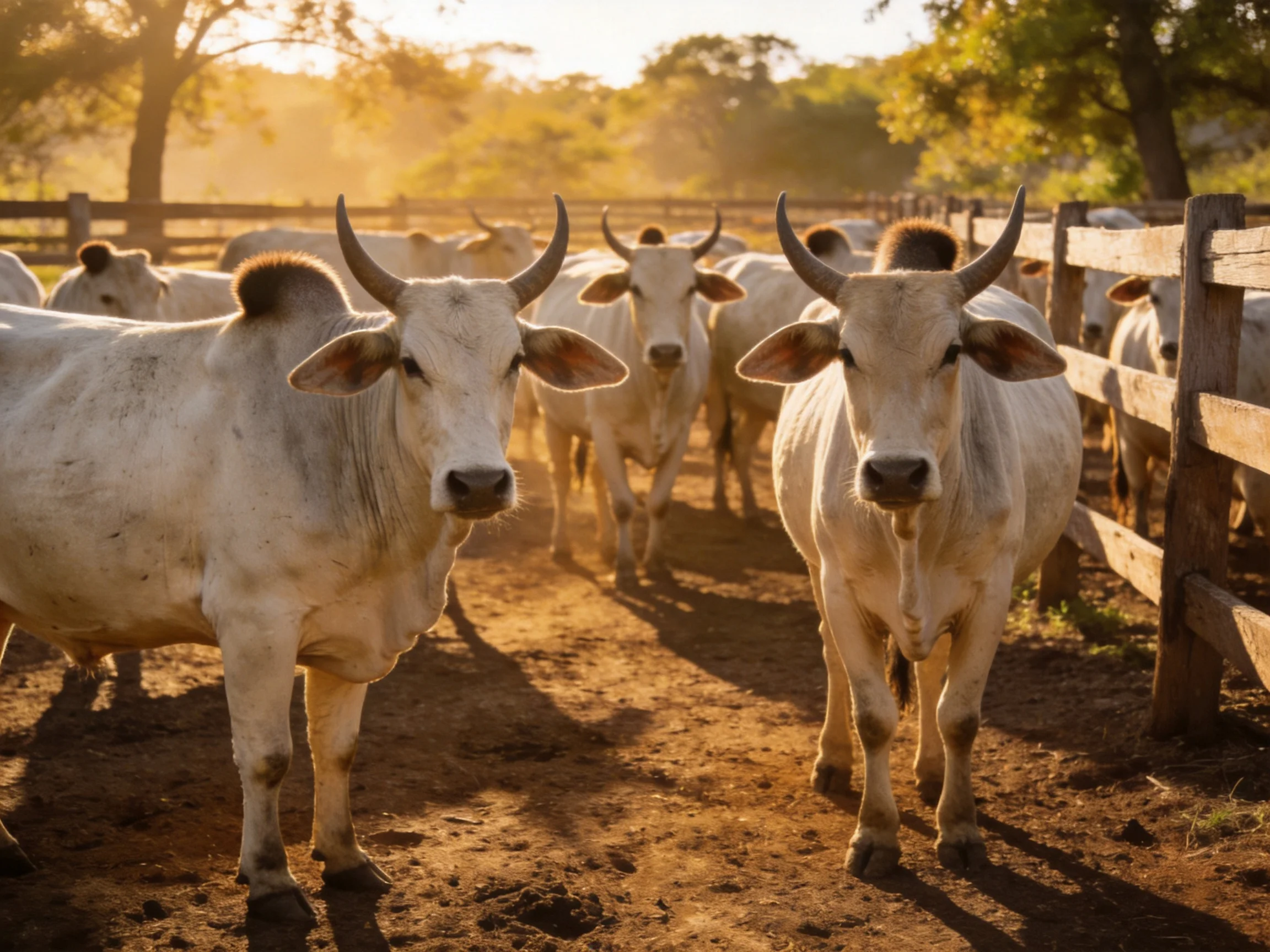 White cattle gather near a wooden fence under golden sunlight