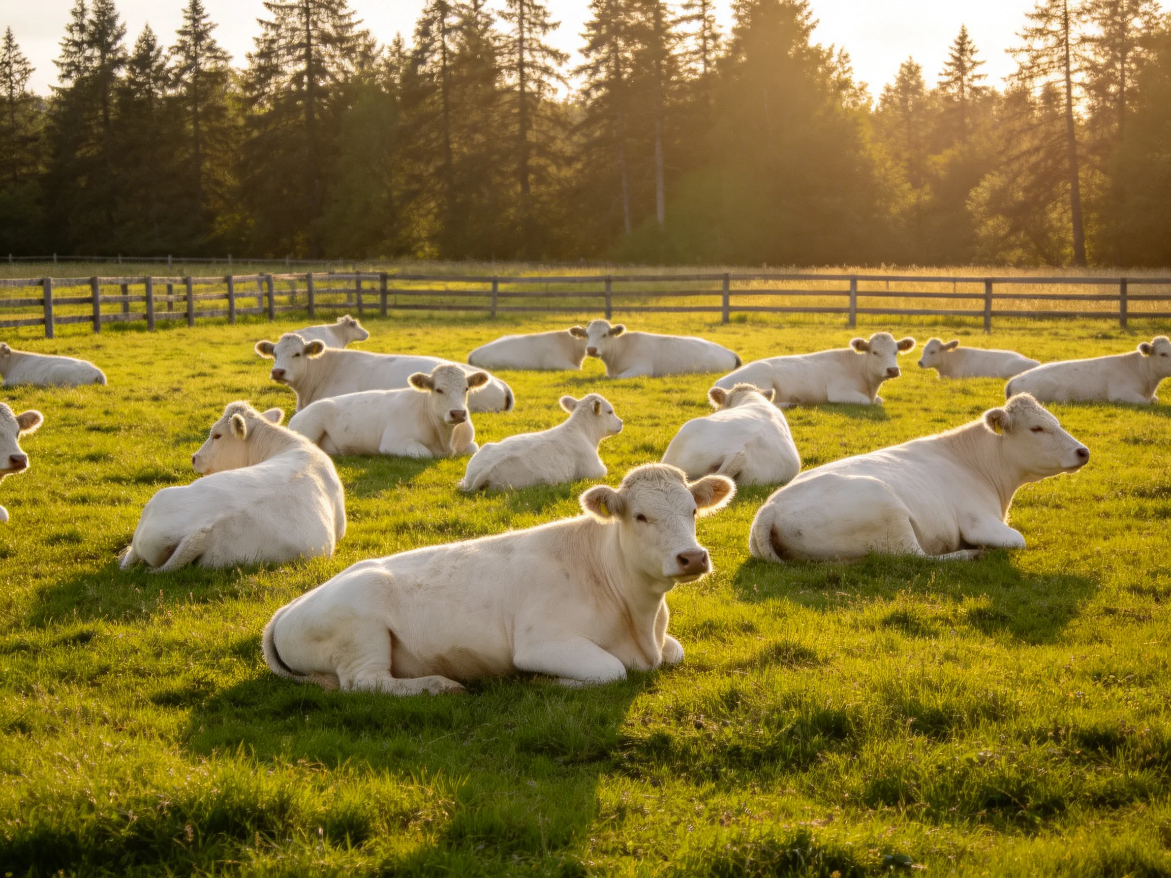 White cattle resting in a sunlit green pasture with wooden fences