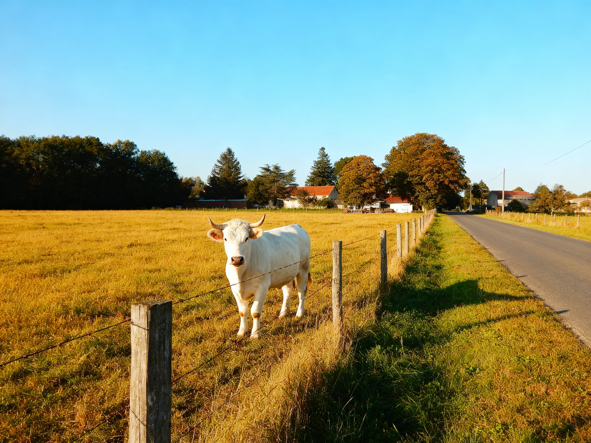 White cow near barbed wire fence in golden field by rural road