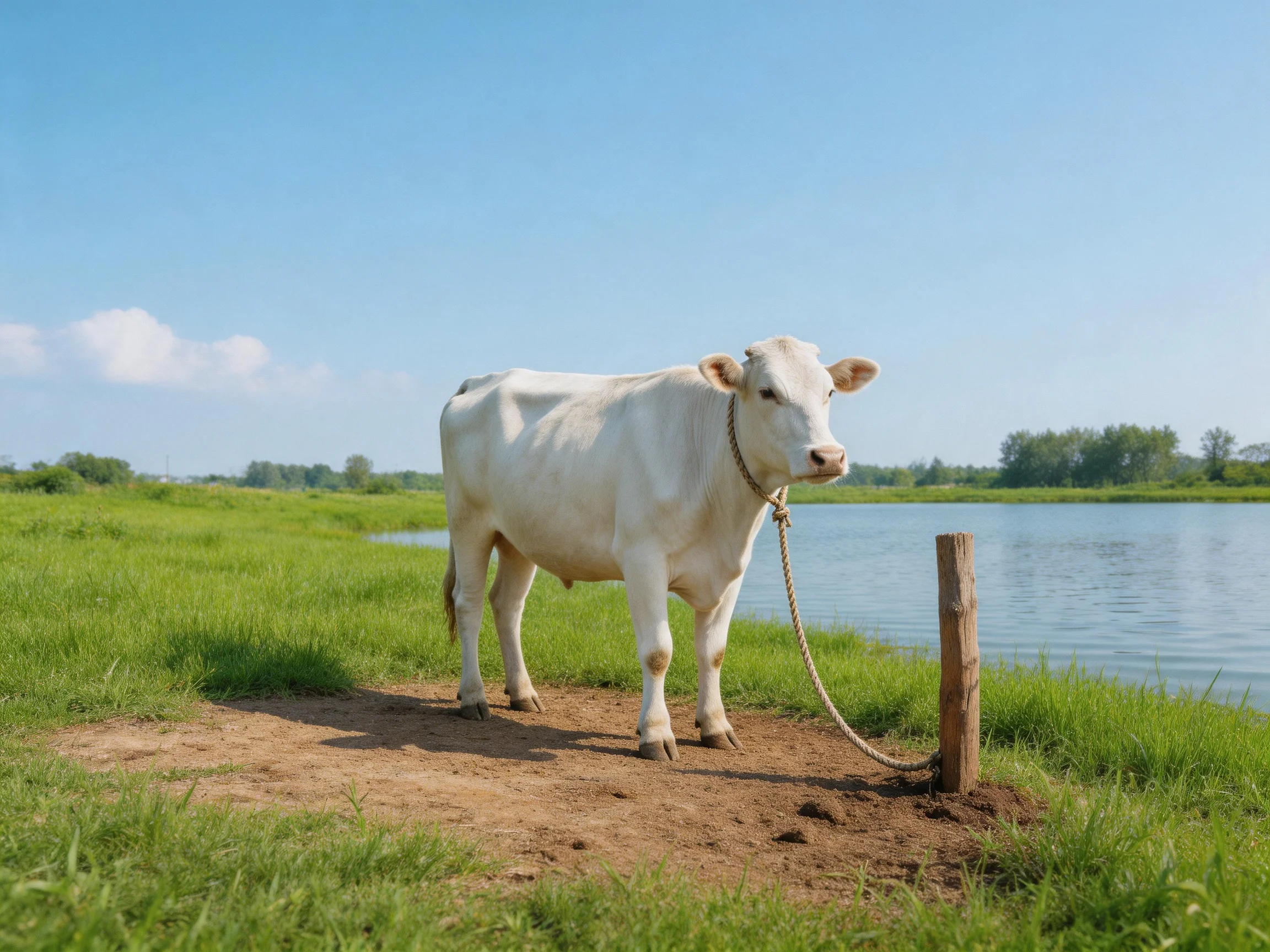 White cow tied near calm lake with lush green grass