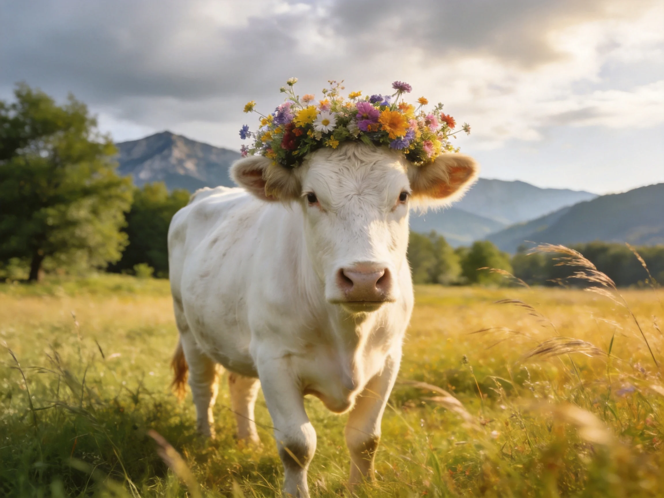 White cow wearing colorful flower crown in sunlit meadow