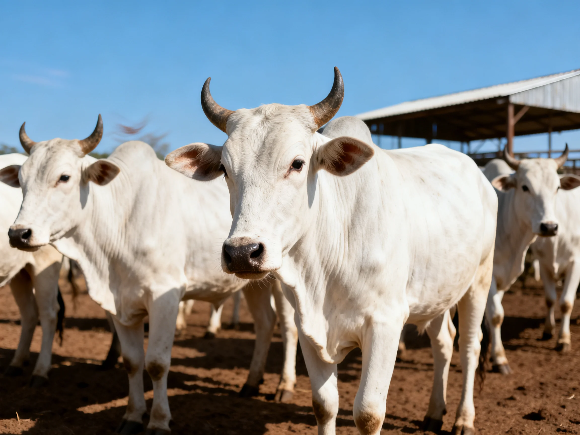 White horned cattle gather on brown dirt near a shelter under clear blue sky