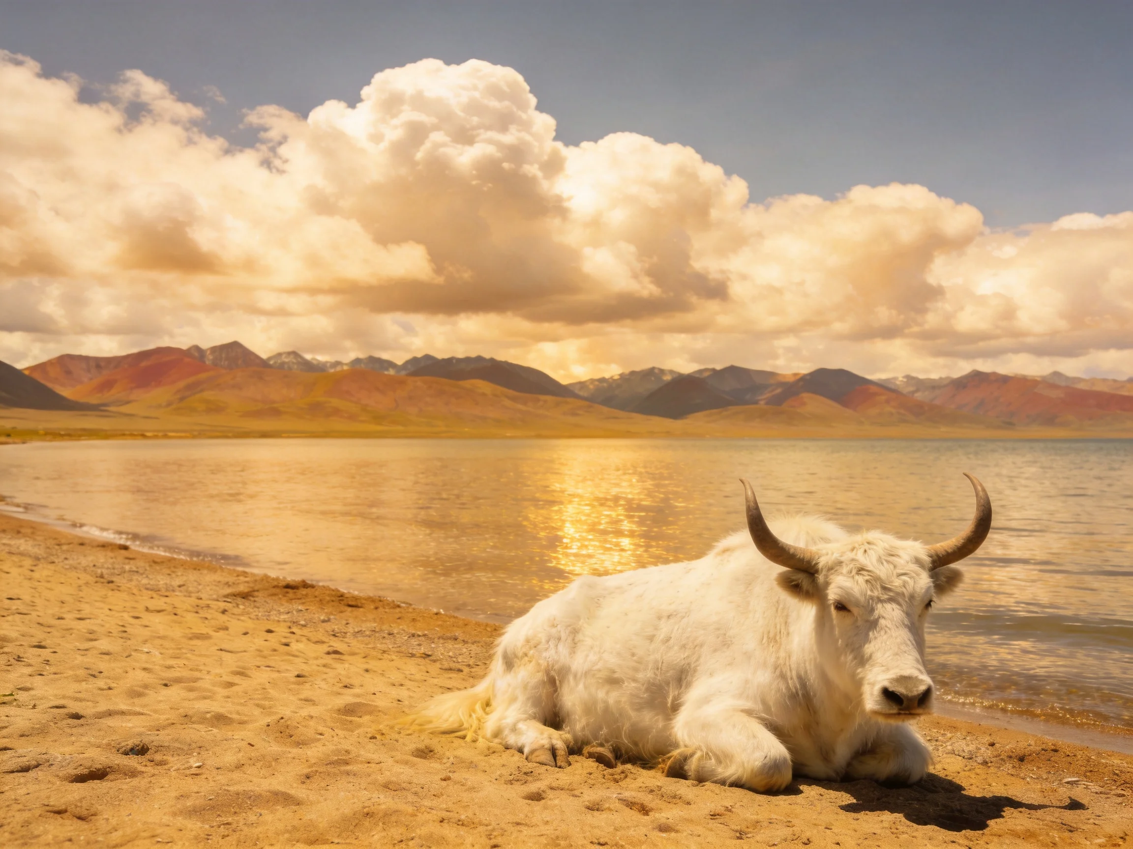 White yak resting on sandy shore by a calm lake with mountain backdrop
