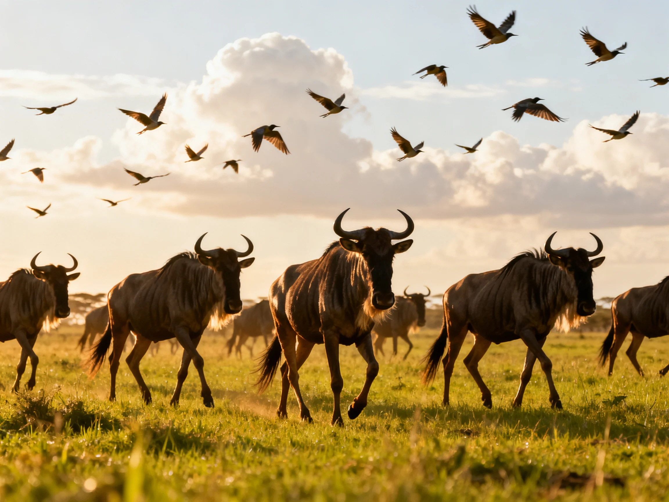 Wildebeest herd galloping across golden savannah with flying birds
