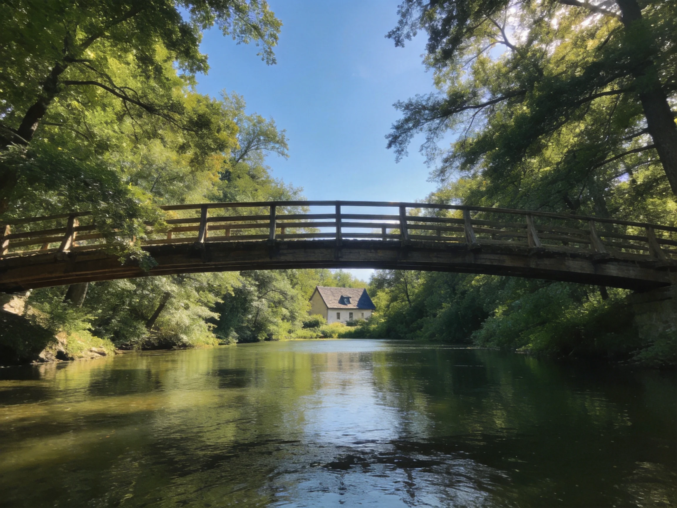 Wooden bridge spans calm river near secluded house