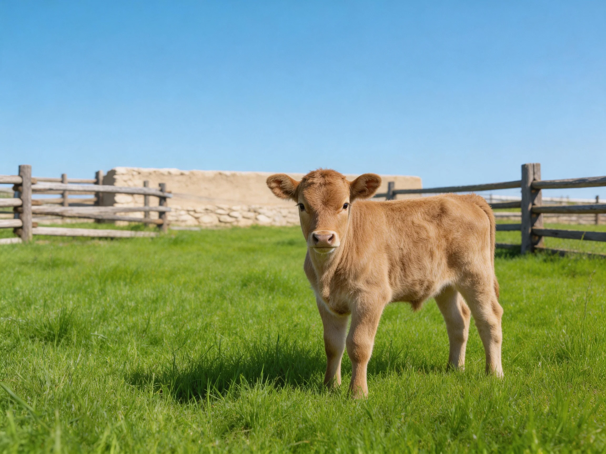 Young brown calf in a lush green pasture near wooden fences