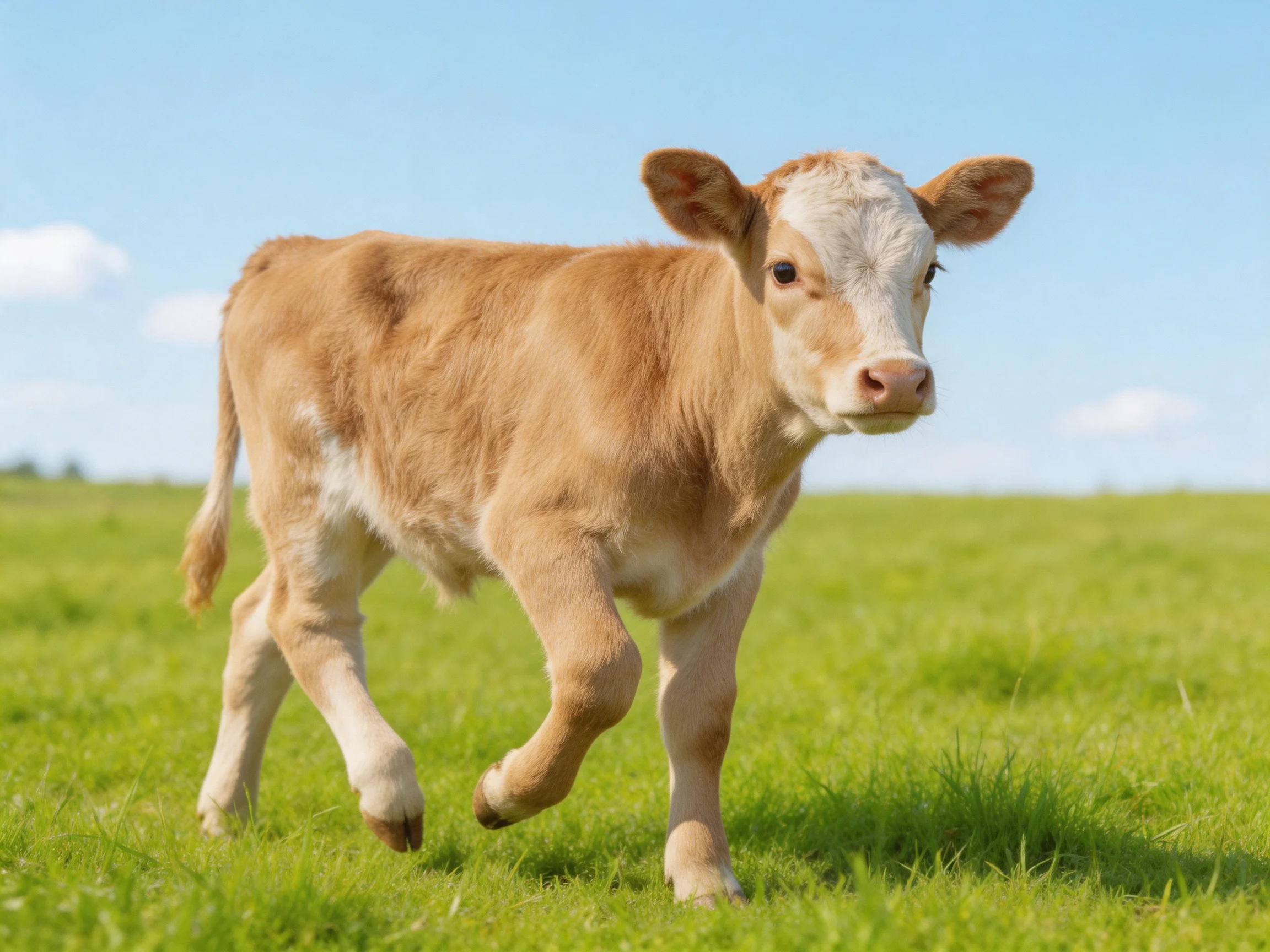 Young brown calf in lush green pasture under clear blue sky