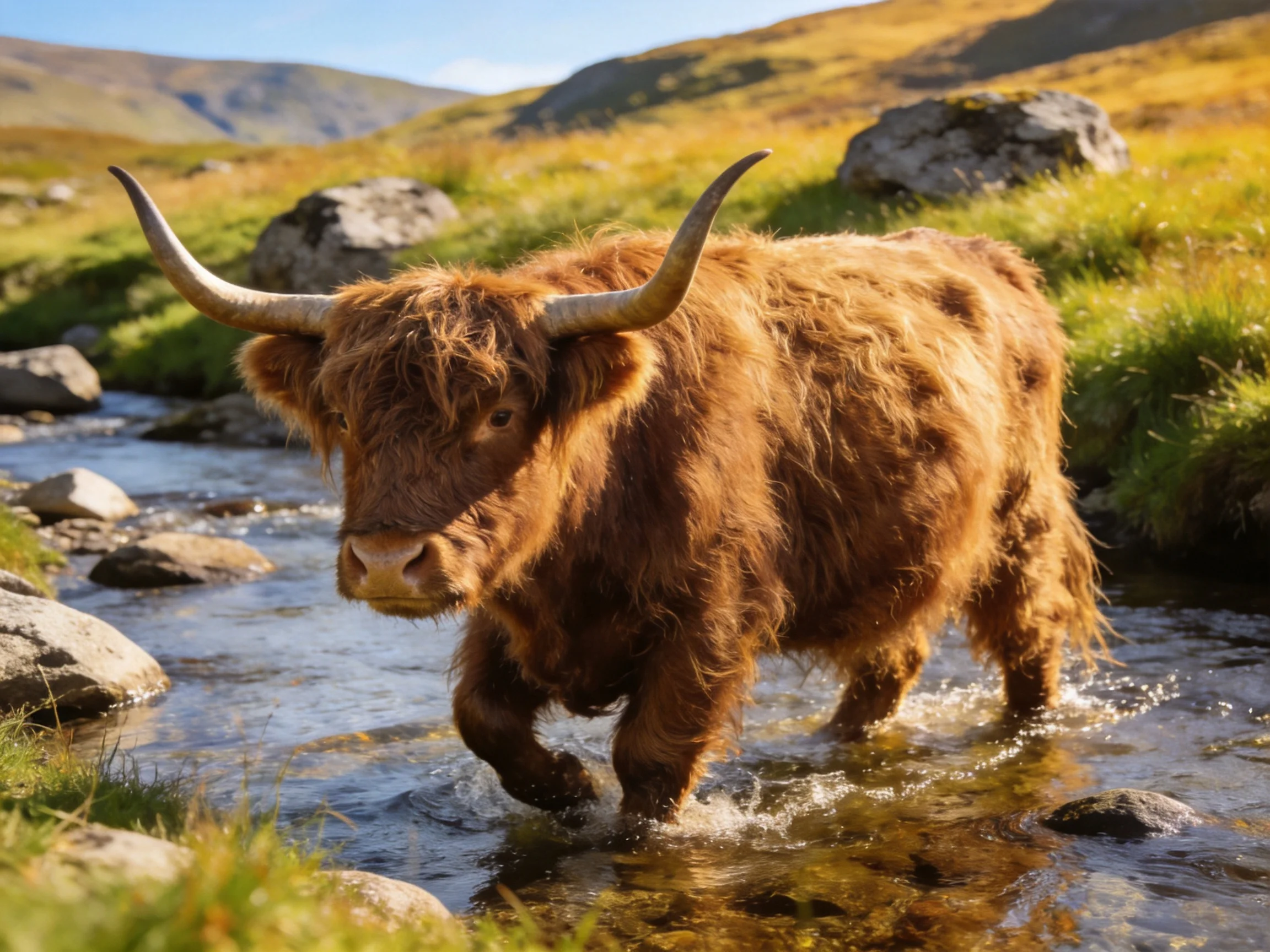 Young shaggy brown Highland cow crosses mountain stream