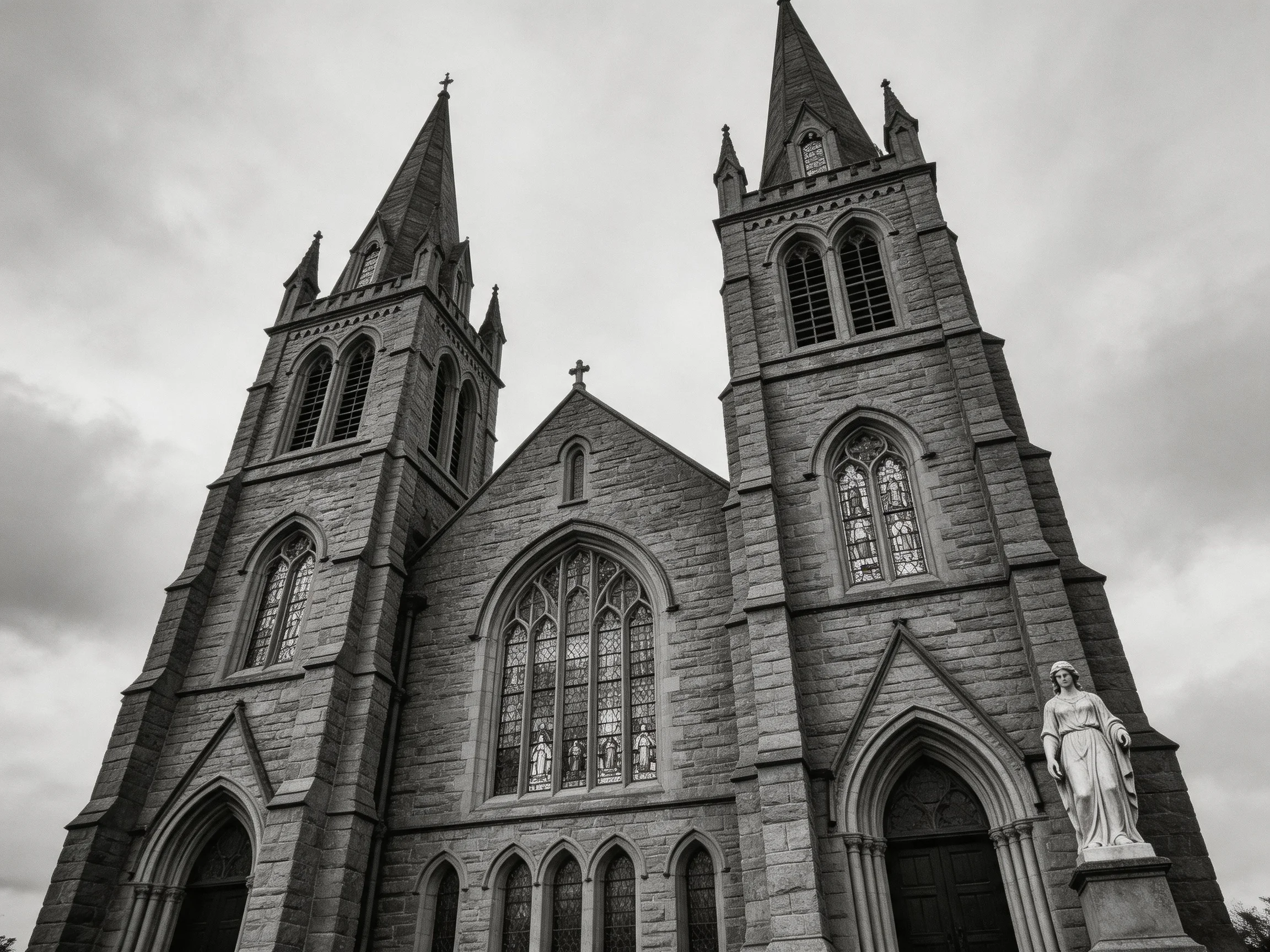 A Black-and-White Gothic Church with Twin Towers and Stone Facade