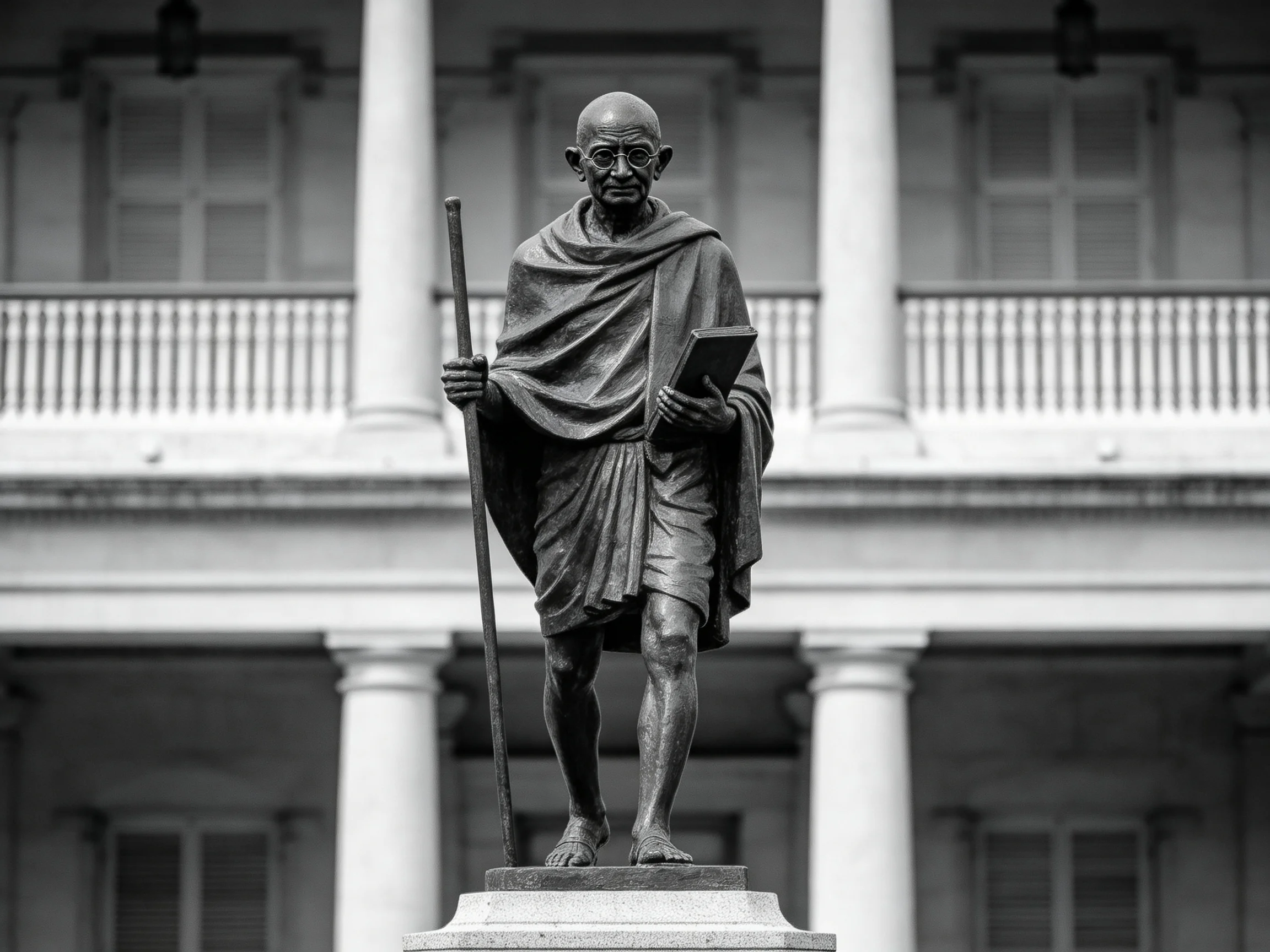 A Black-and-White Statue of Gandhi Near a Grand Columned Building