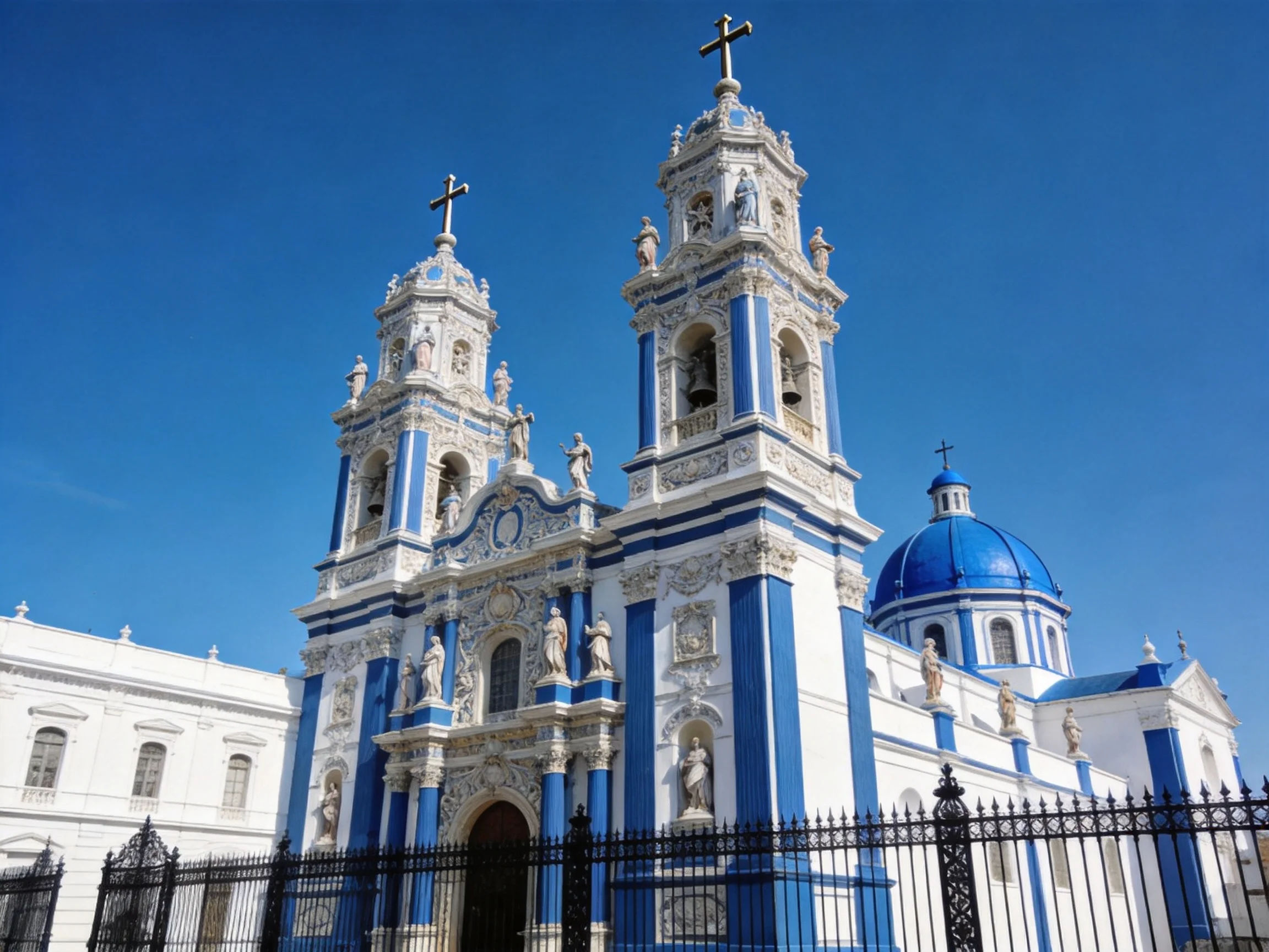 A Blue and White Ornate Church with Twin Towers and a Dome