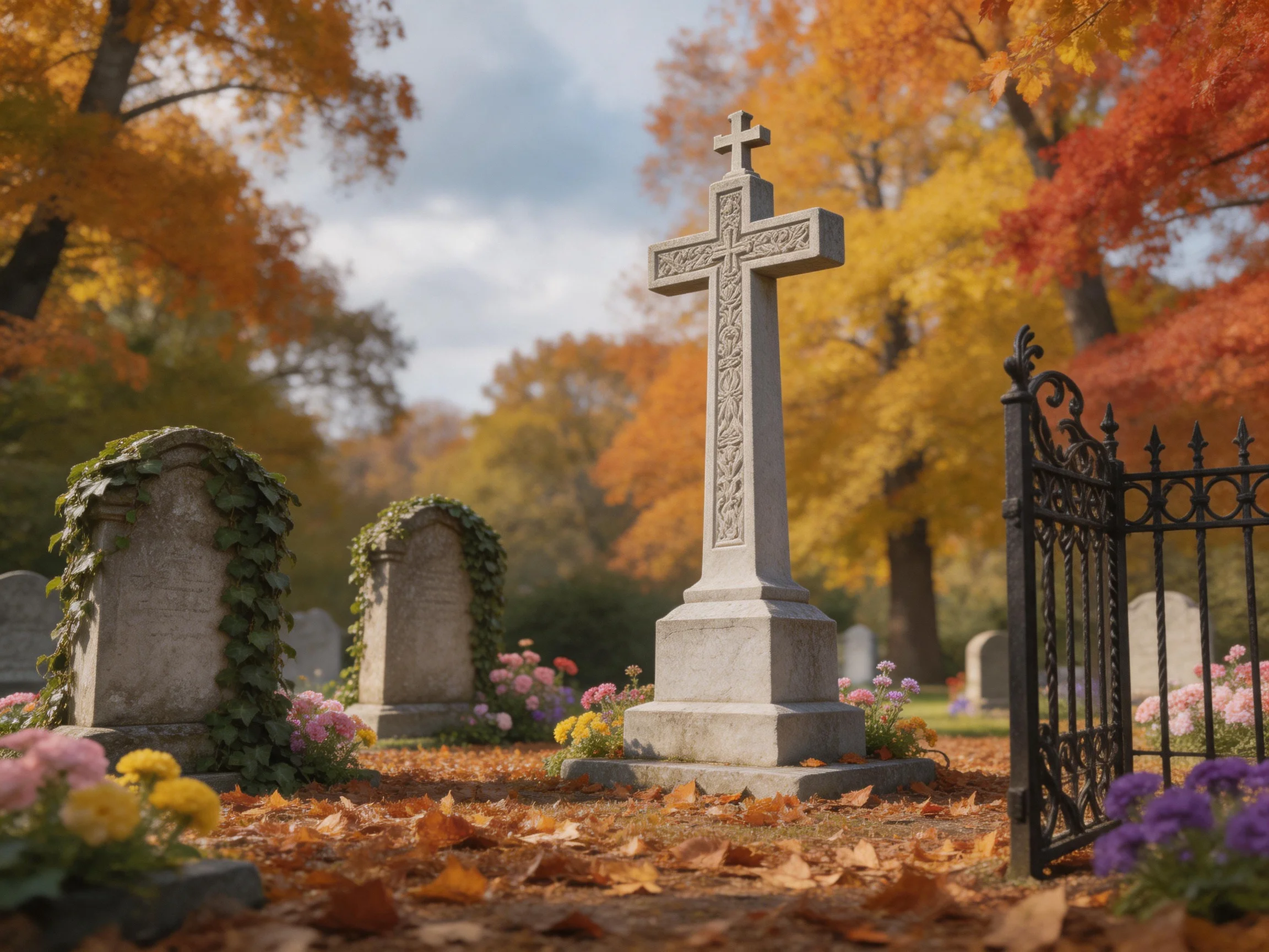 A Cemetery with Stone Cross, Autumn Foliage, and Colorful Flowers