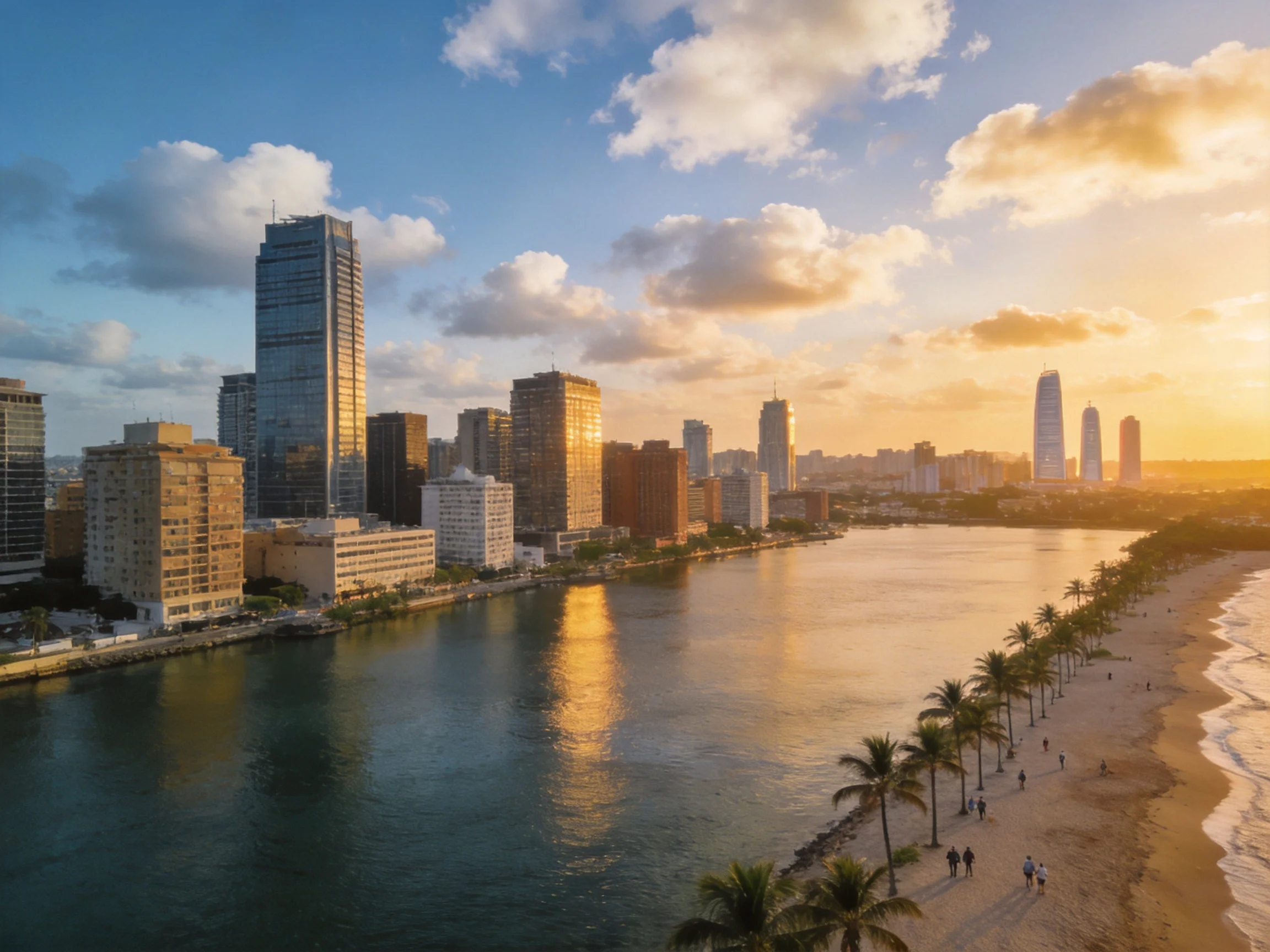 A Coastal City Skyline at Sunset with Sandy Beach