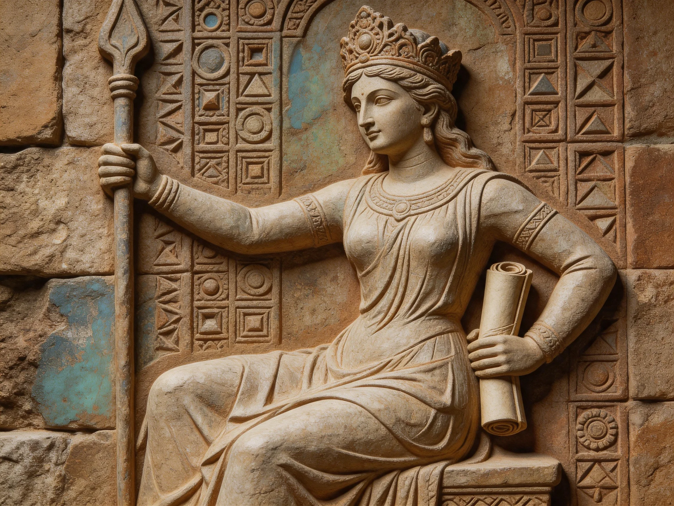 A Crowned Female Sculpture Holding a Spear and Scroll in Stone Relief