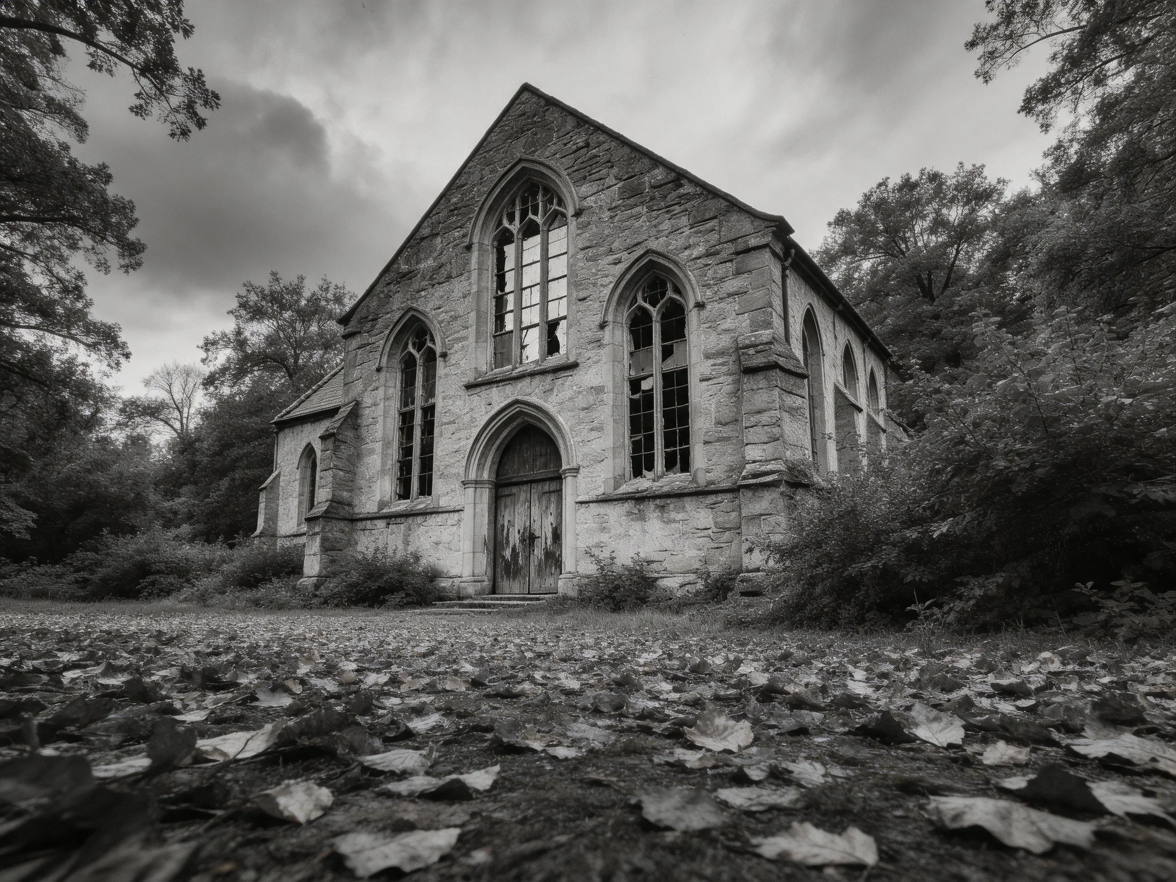 A Derelict Gothic Stone Chapel Surrounded by Overgrown Foliage