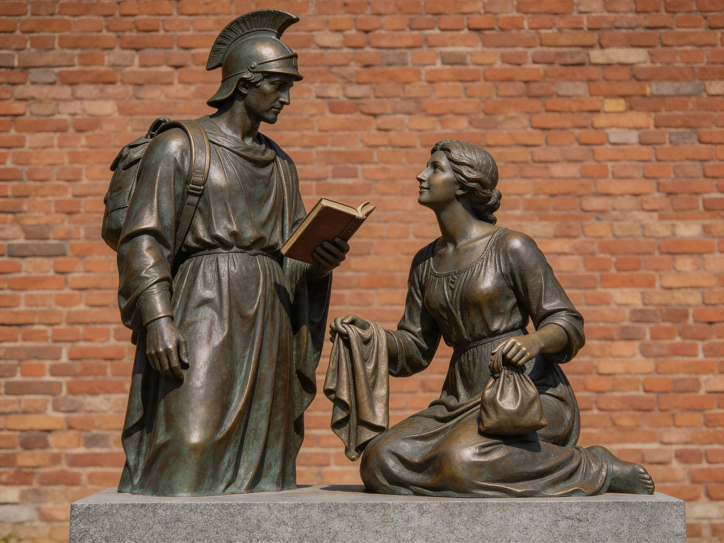 A Detailed Bronze Statue of a Roman Soldier and Woman Near a Brick Wall