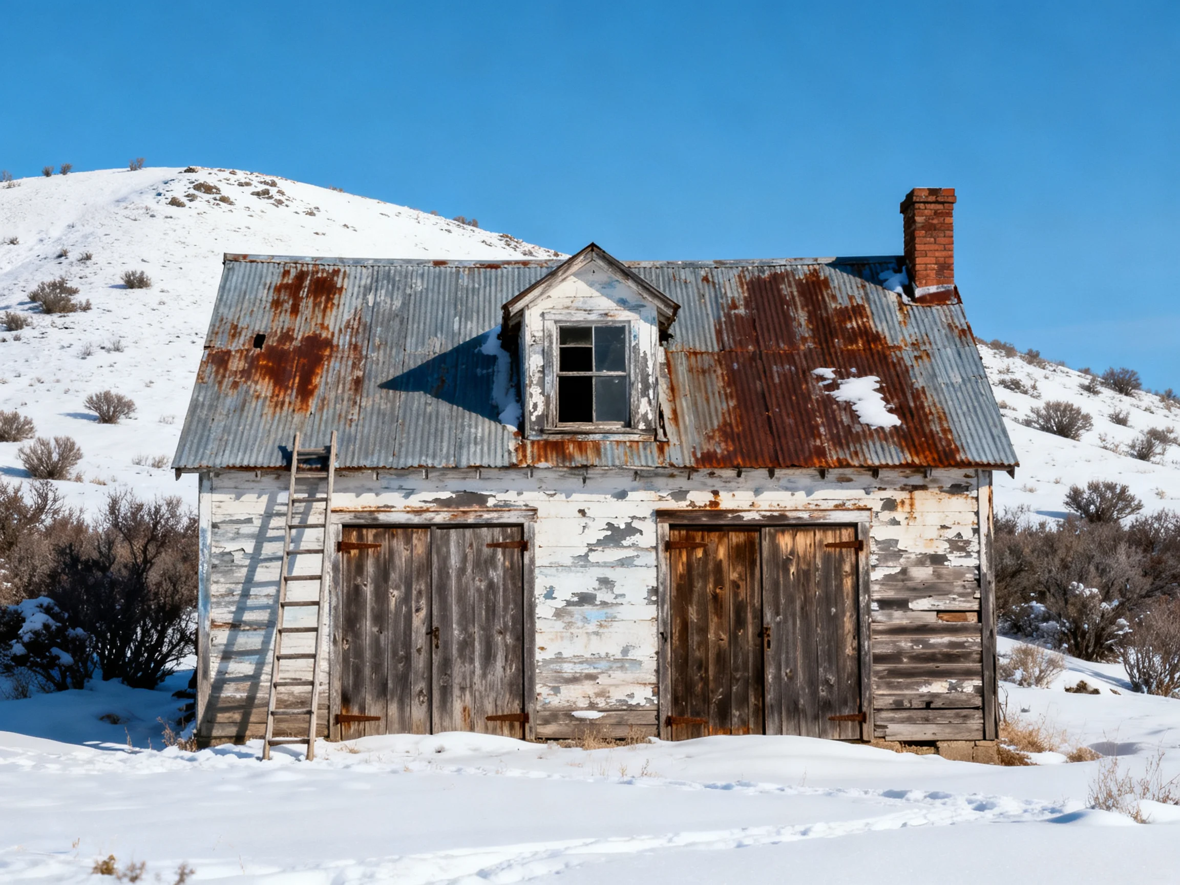 A Dilapidated Wooden Barn with Rusted Metal Roof in Snow-Covered Hills