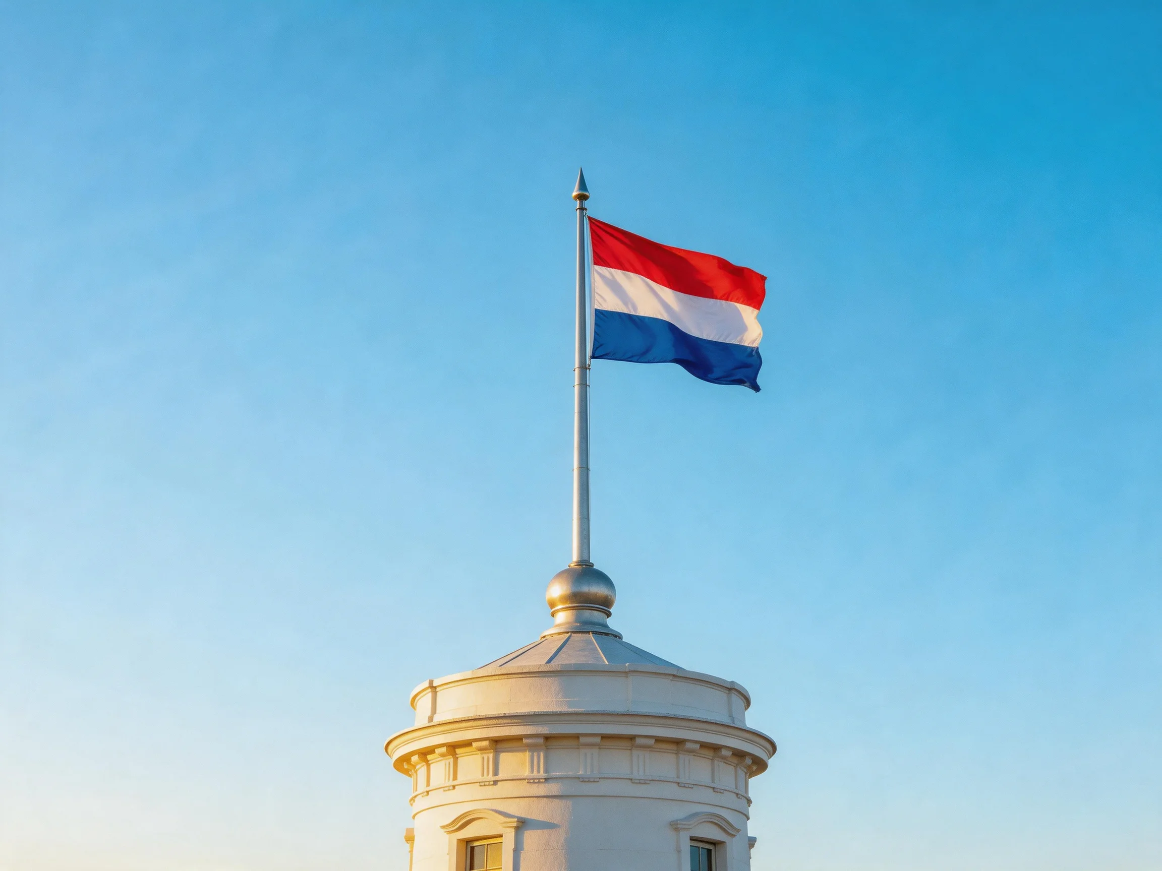 A Dutch flag waves from a white tower beneath a clear blue sky