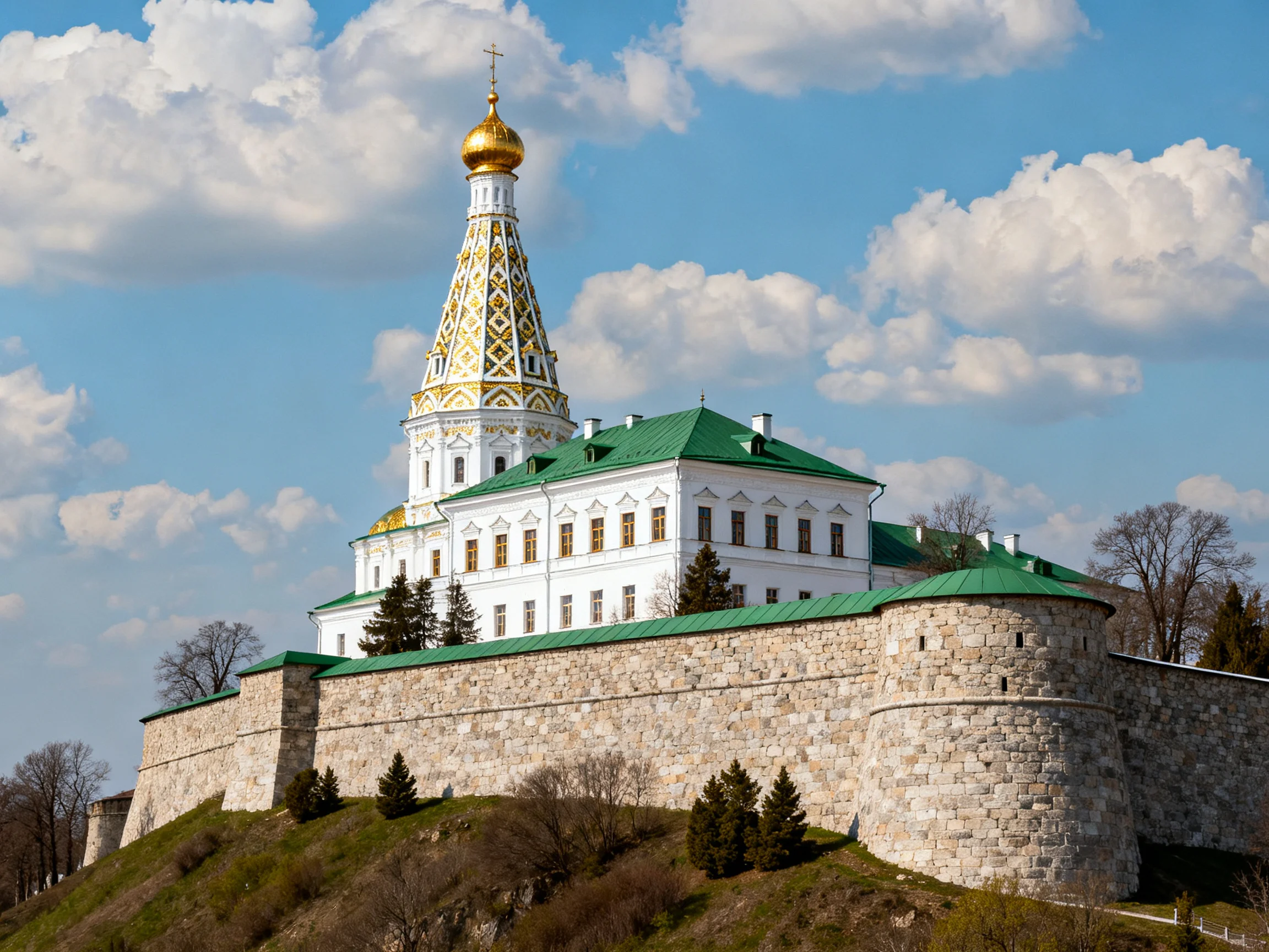 A Golden-Domed White Church with Green Roofs and Stone Walls