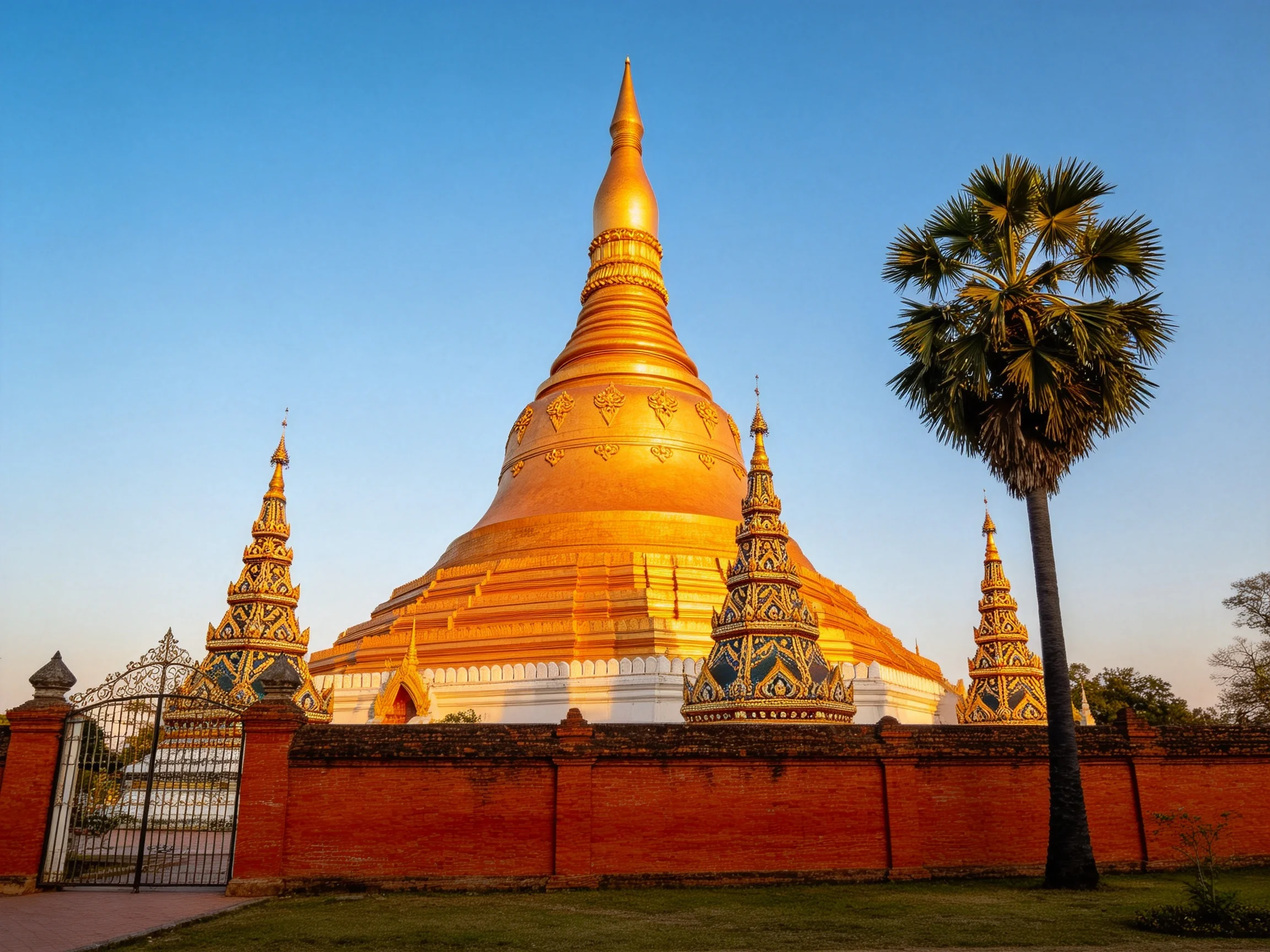 A Golden Pagoda with Ornate Spires Near a Red Brick Wall