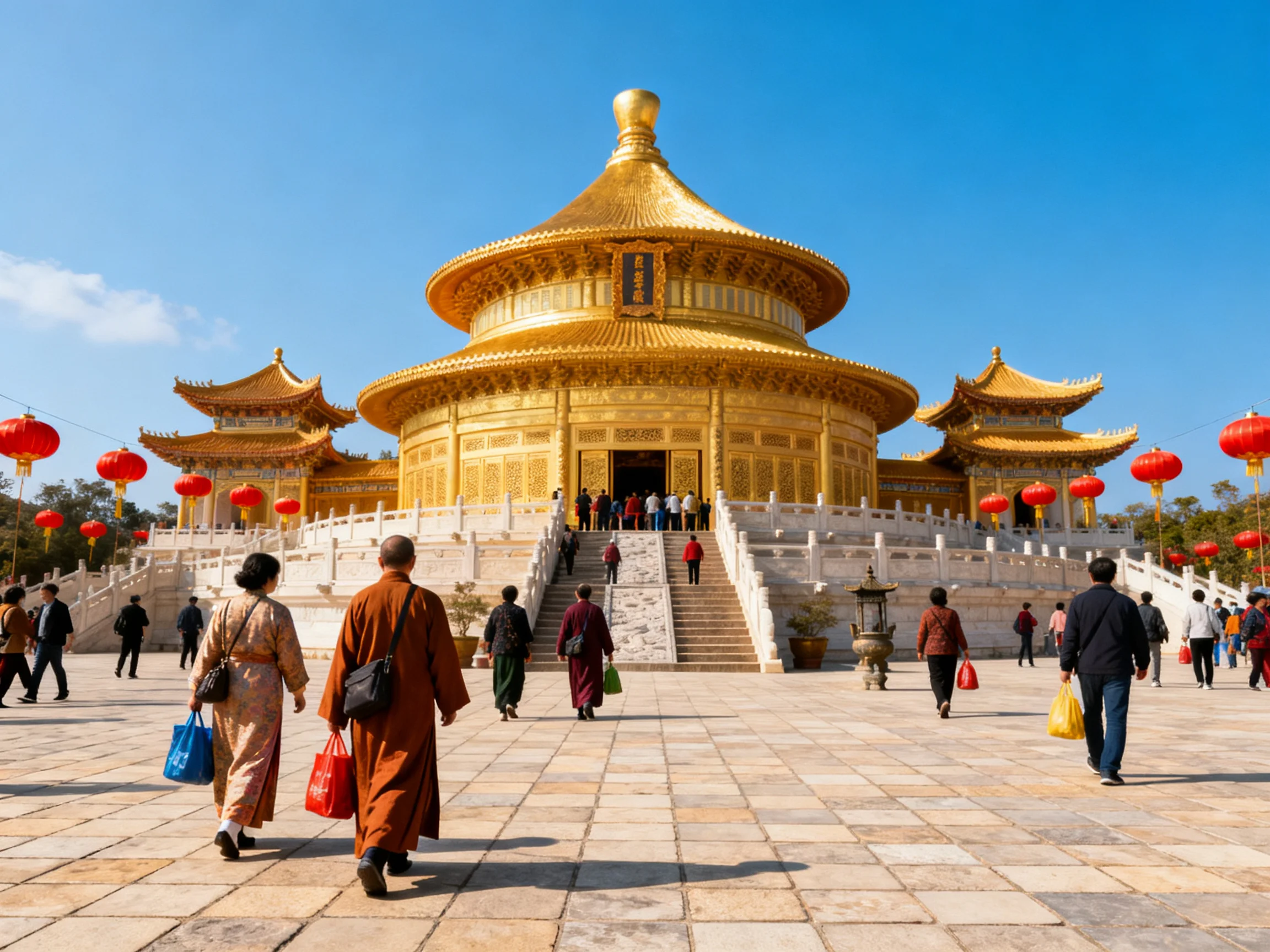 A Golden Temple with Red Lanterns and Visitors
