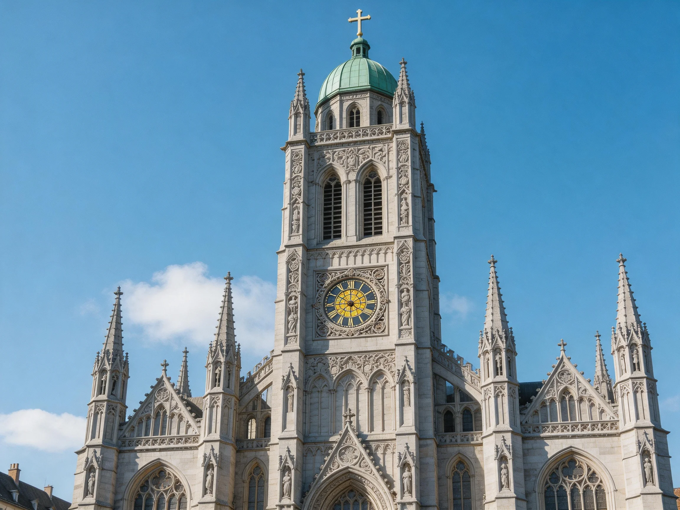 A Gothic Cathedral Tower with Green Dome and Yellow Clock Face
