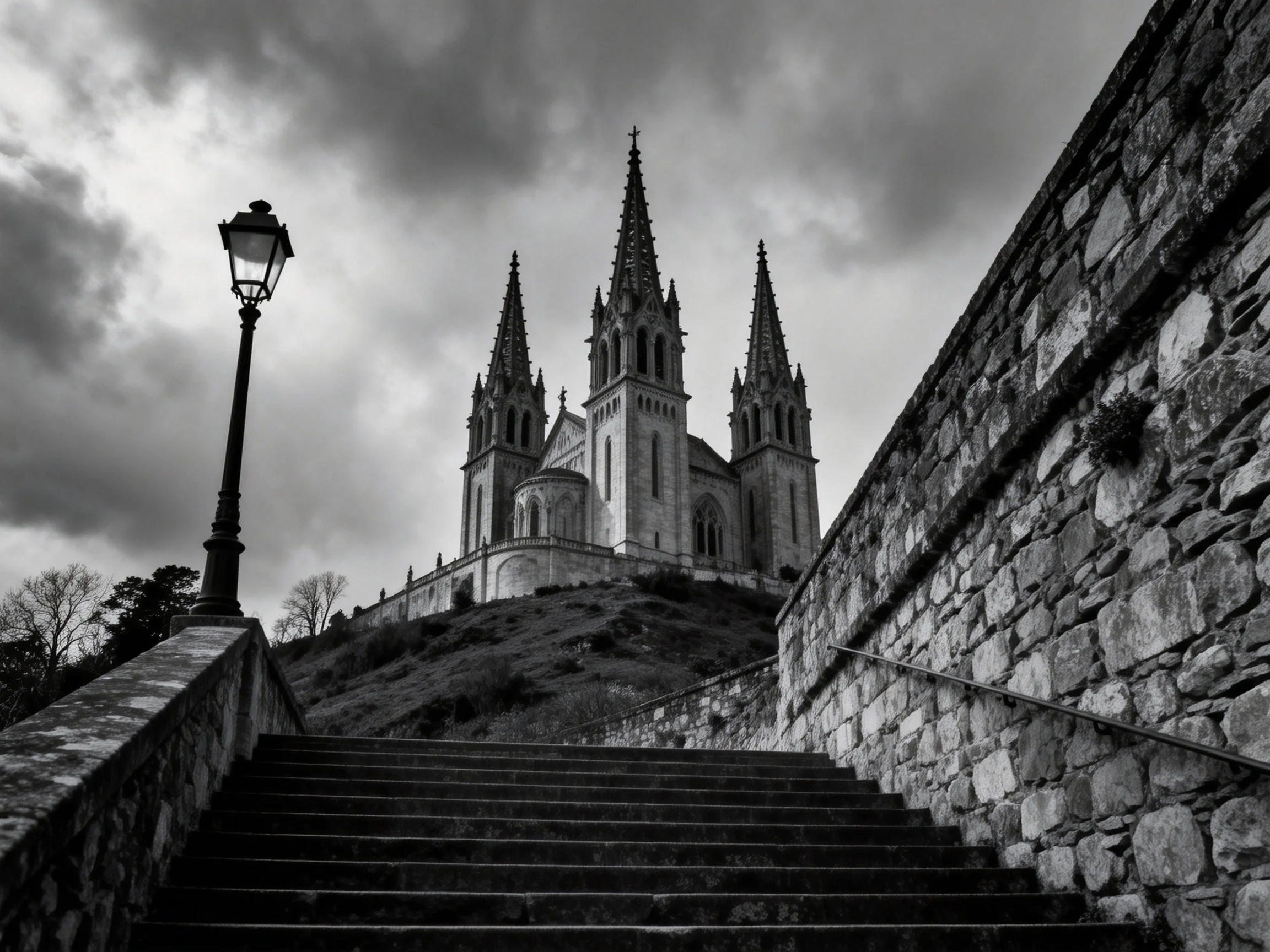 A Gothic Cathedral with Stone Stairs and Street Lamp Under Stormy Sky