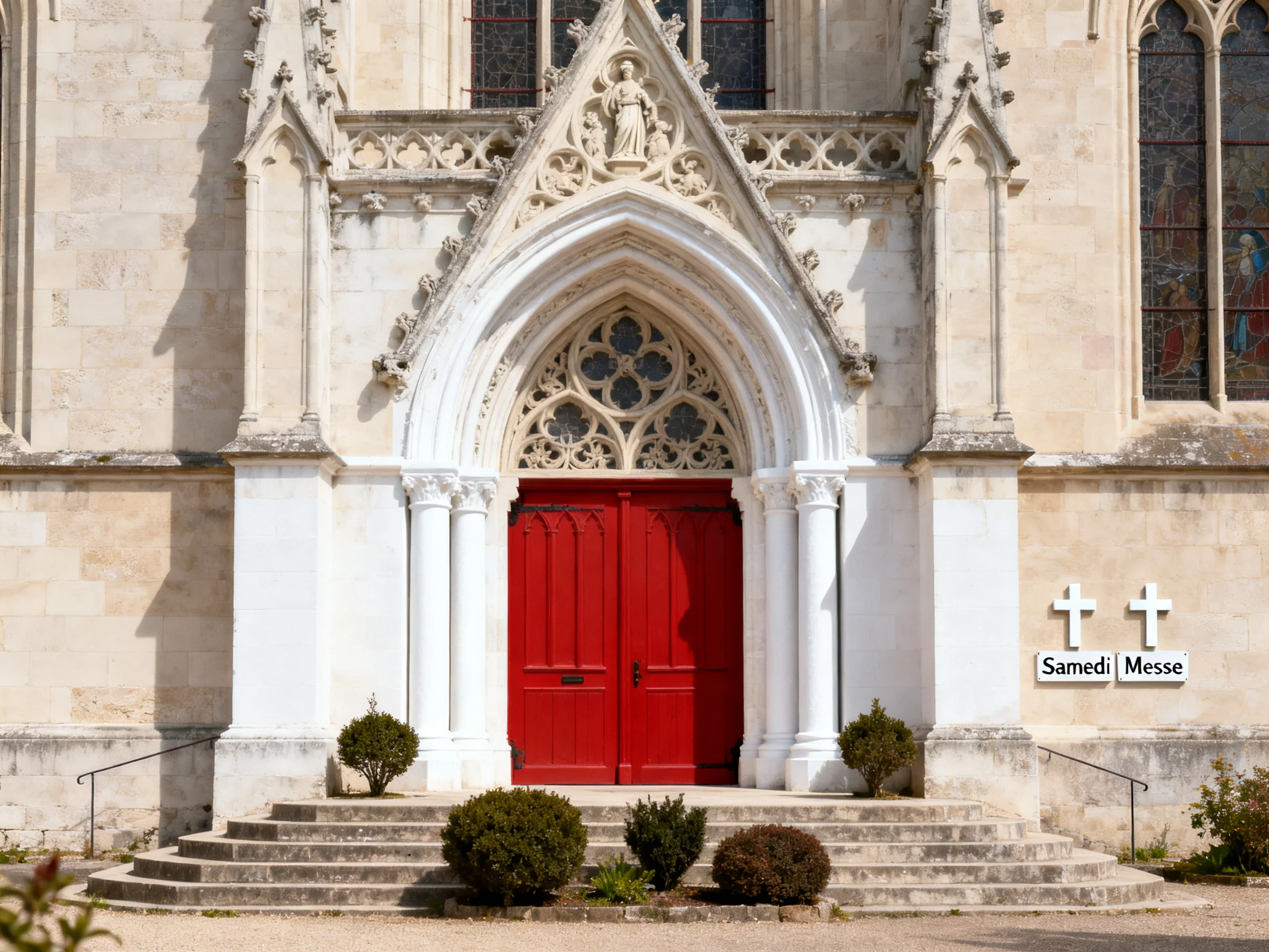 A Gothic Church Entrance with Vibrant Red Double Doors