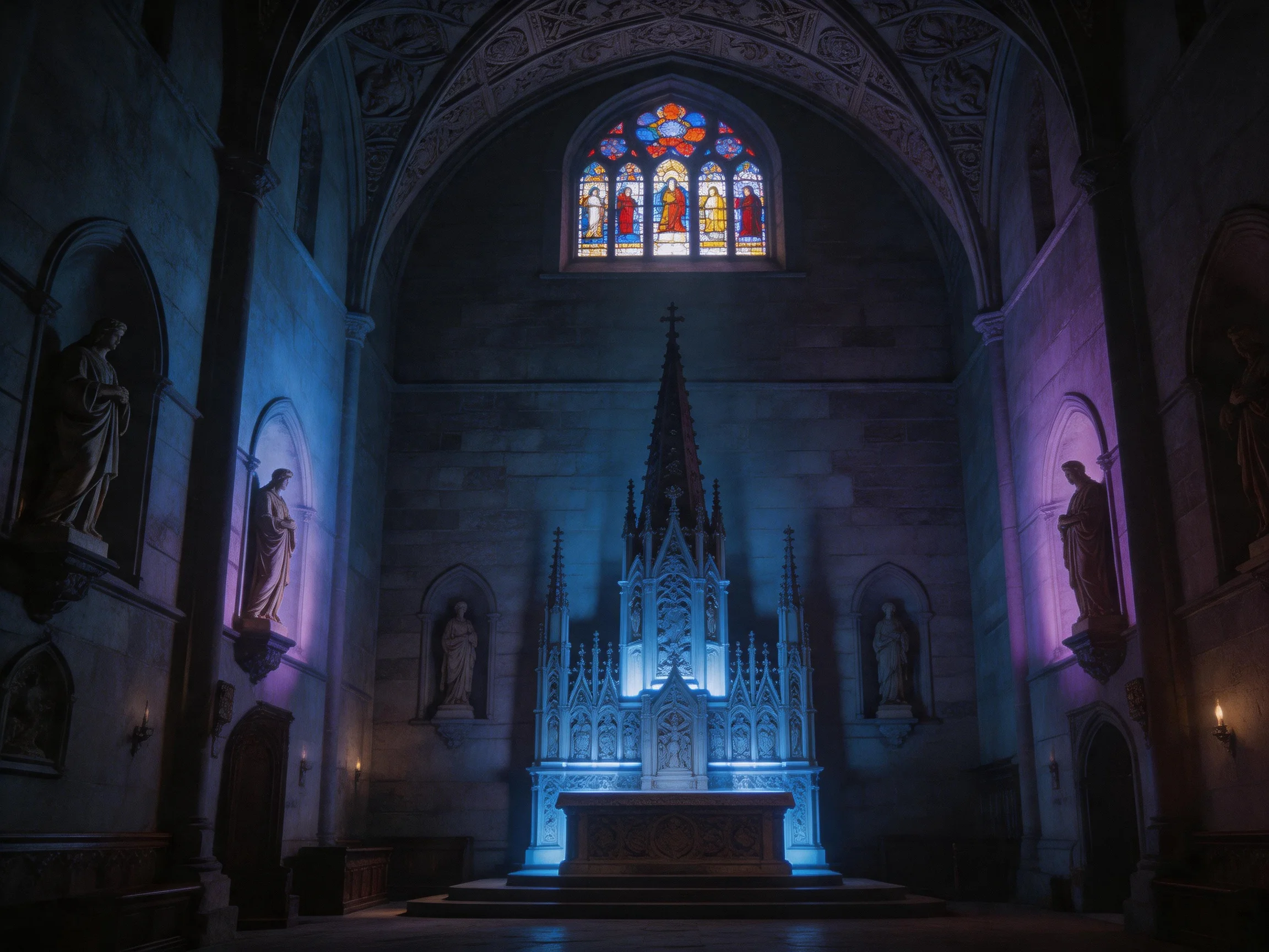 A Gothic Church Interior with Stained Glass and Altar Lighting