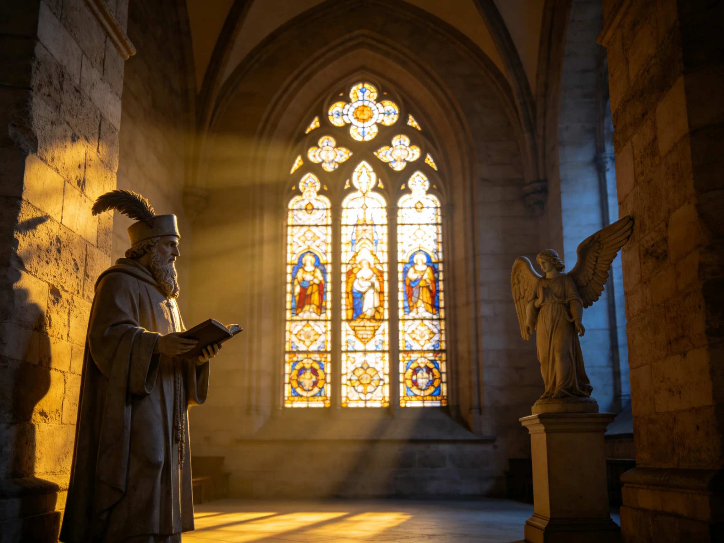 A Gothic Church Interior with Stained Glass and Stone Statues