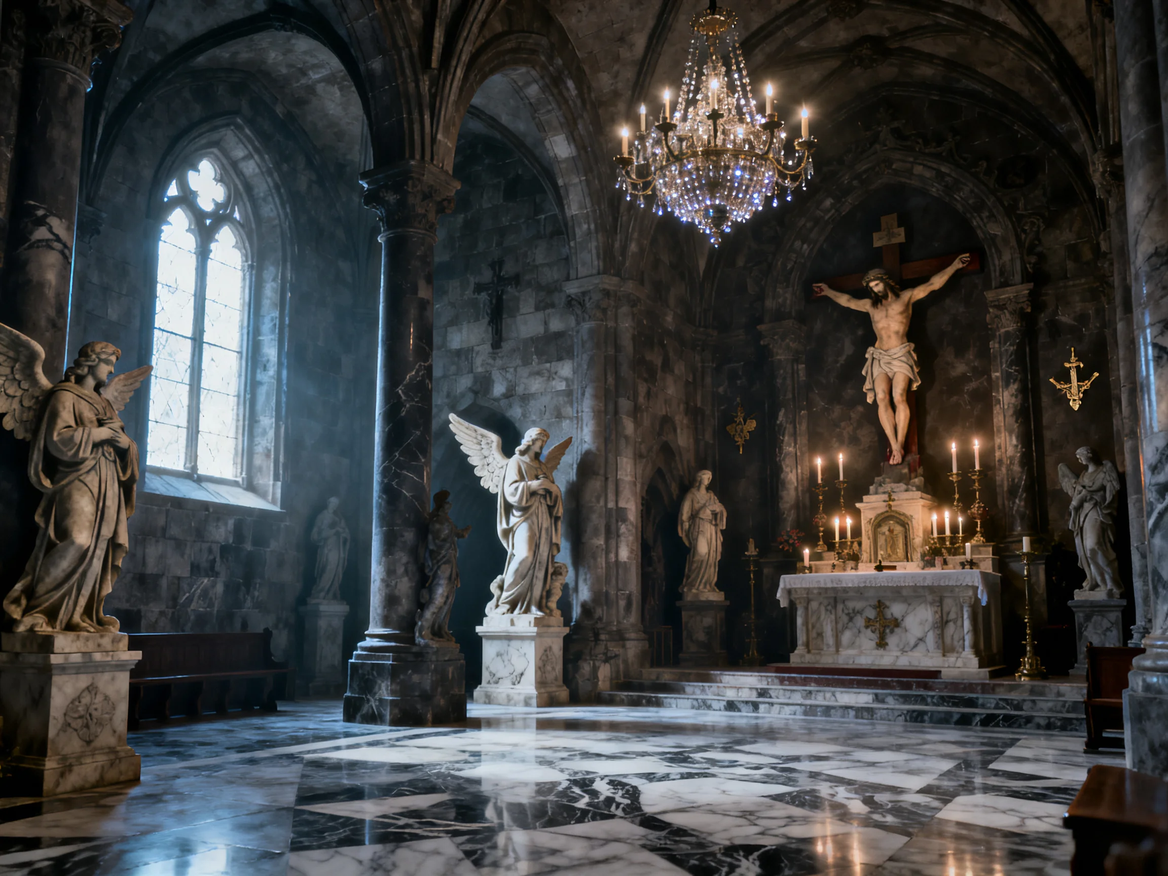 A Gothic Church Interior with Stone Statues and a Central Crucifix