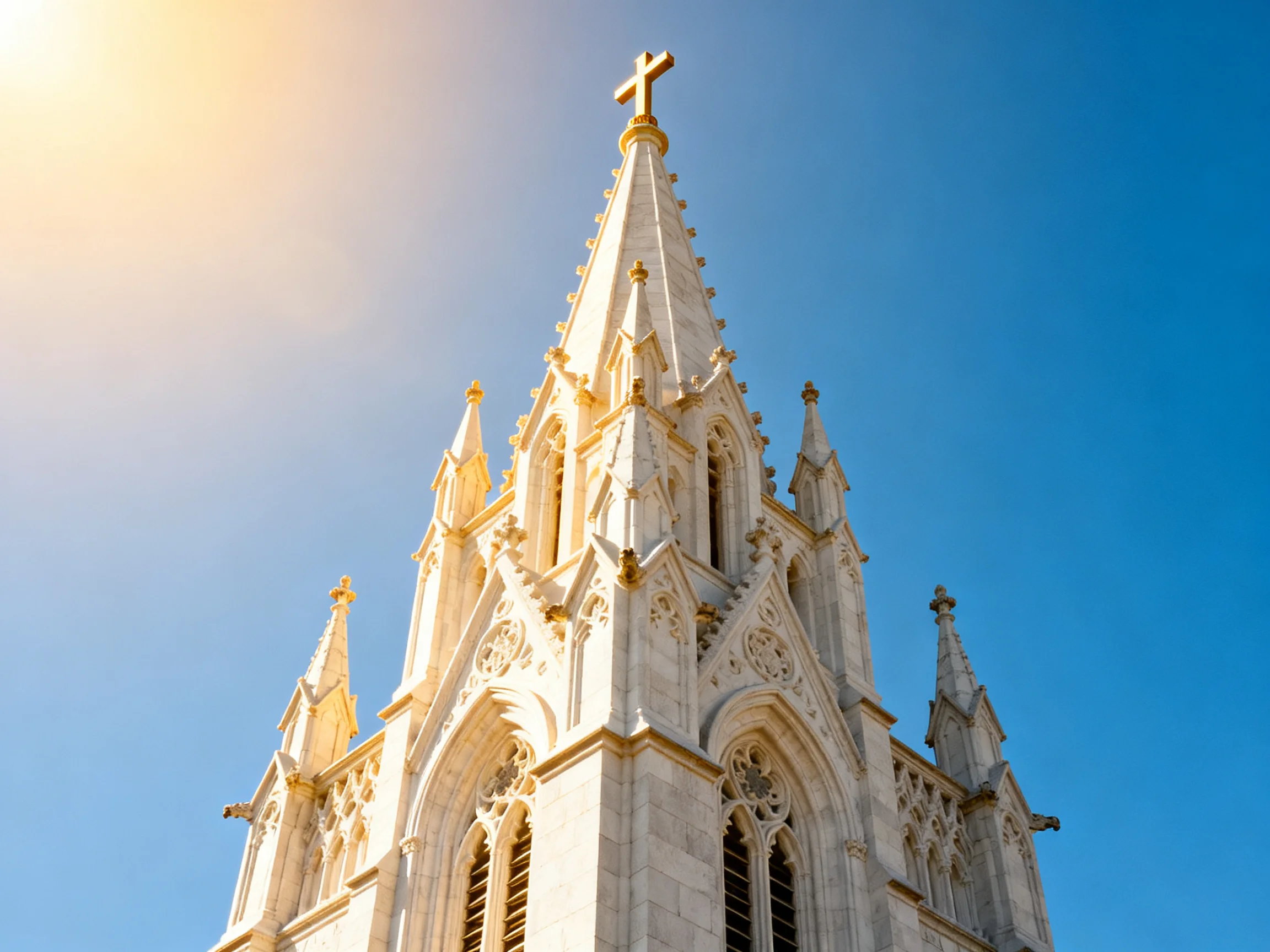 A Gothic Church Tower with Golden Cross and Stone Facade