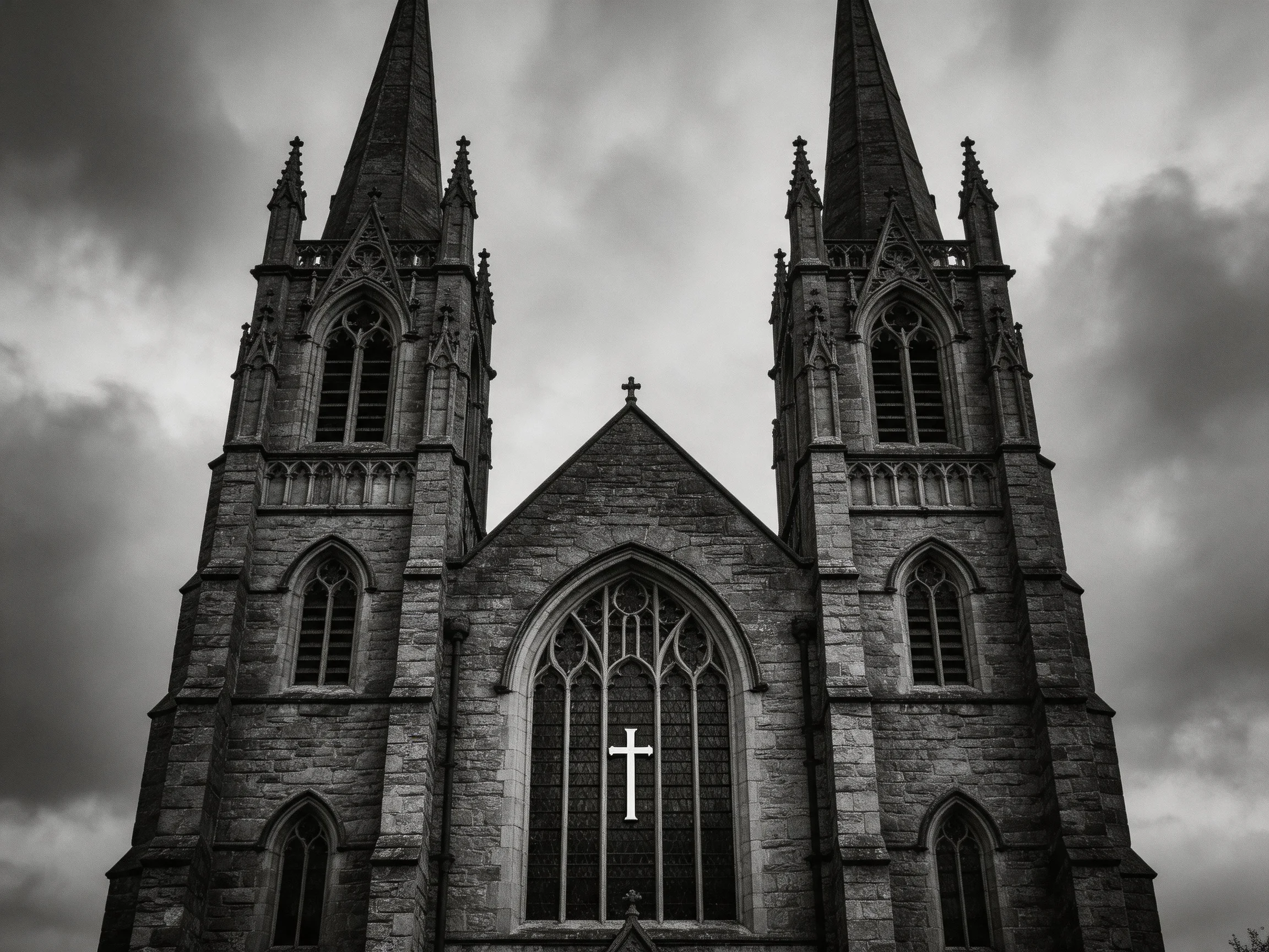 A Gothic Church with Twin Spires Under Stormy Skies