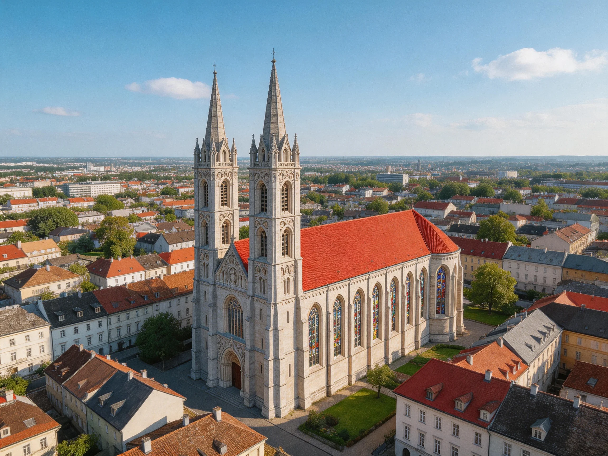 A Gothic Church with Twin Spires and Red Roof Among Town Buildings