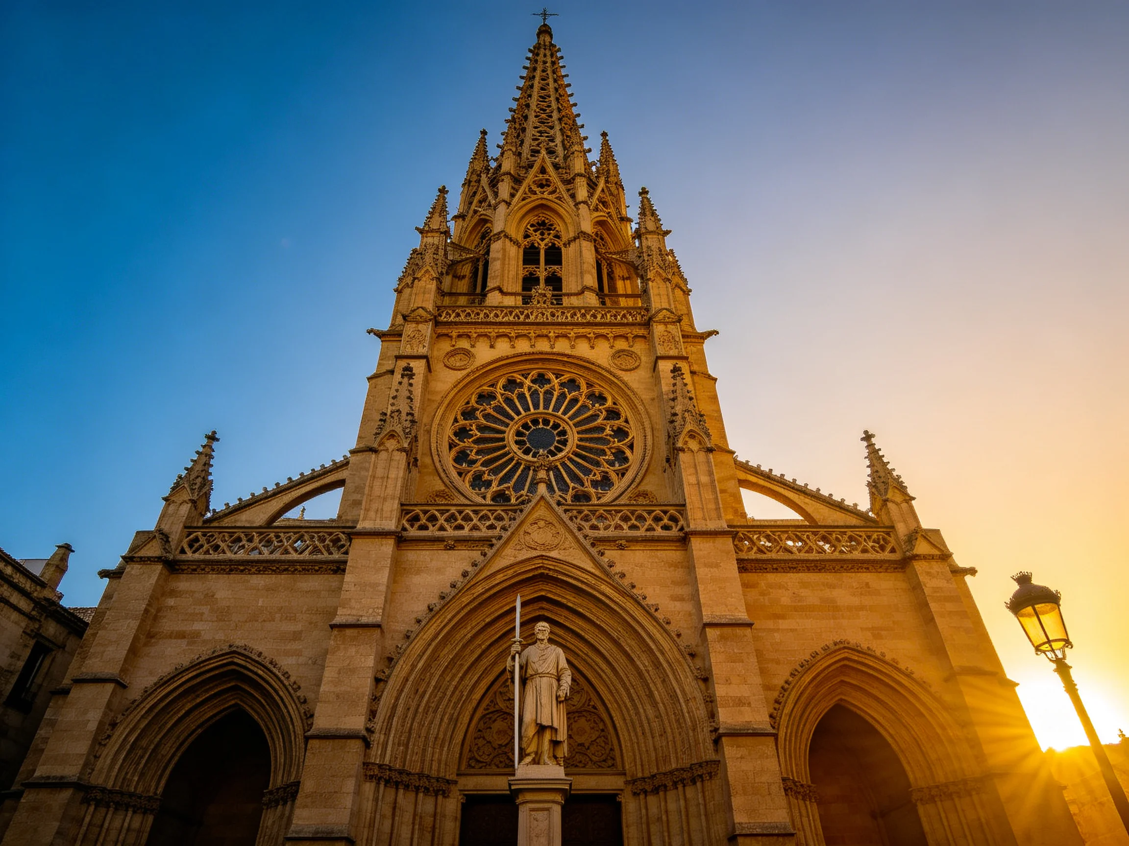 A Gothic Stone Church Tower Illuminated by Golden Sunset Light