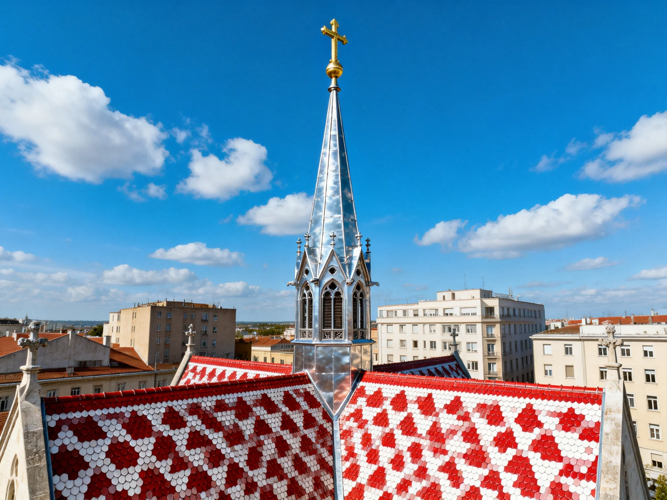 A Gothic church spire with red-and-white tiled roof under bright blue sky