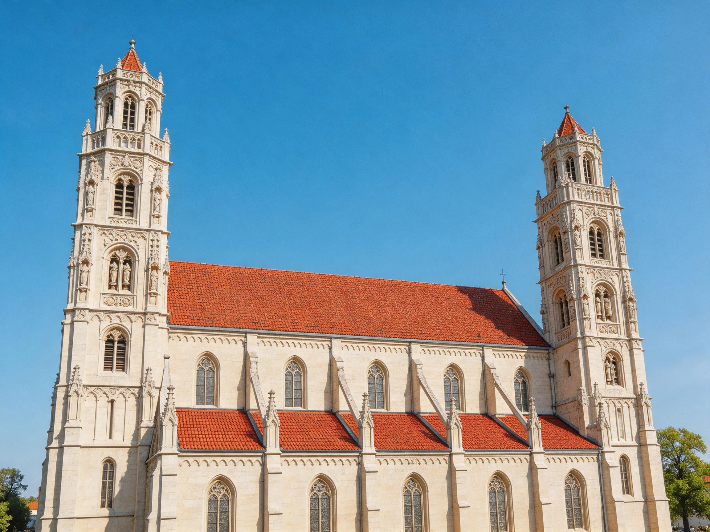 A Gothic church with twin towers, red roofs, and white walls under clear blue sky