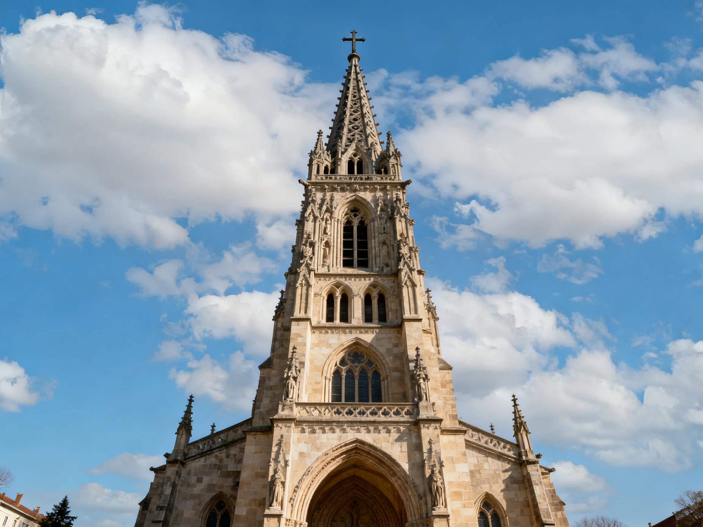 A Gothic stone church tower with intricate carvings under bright sky