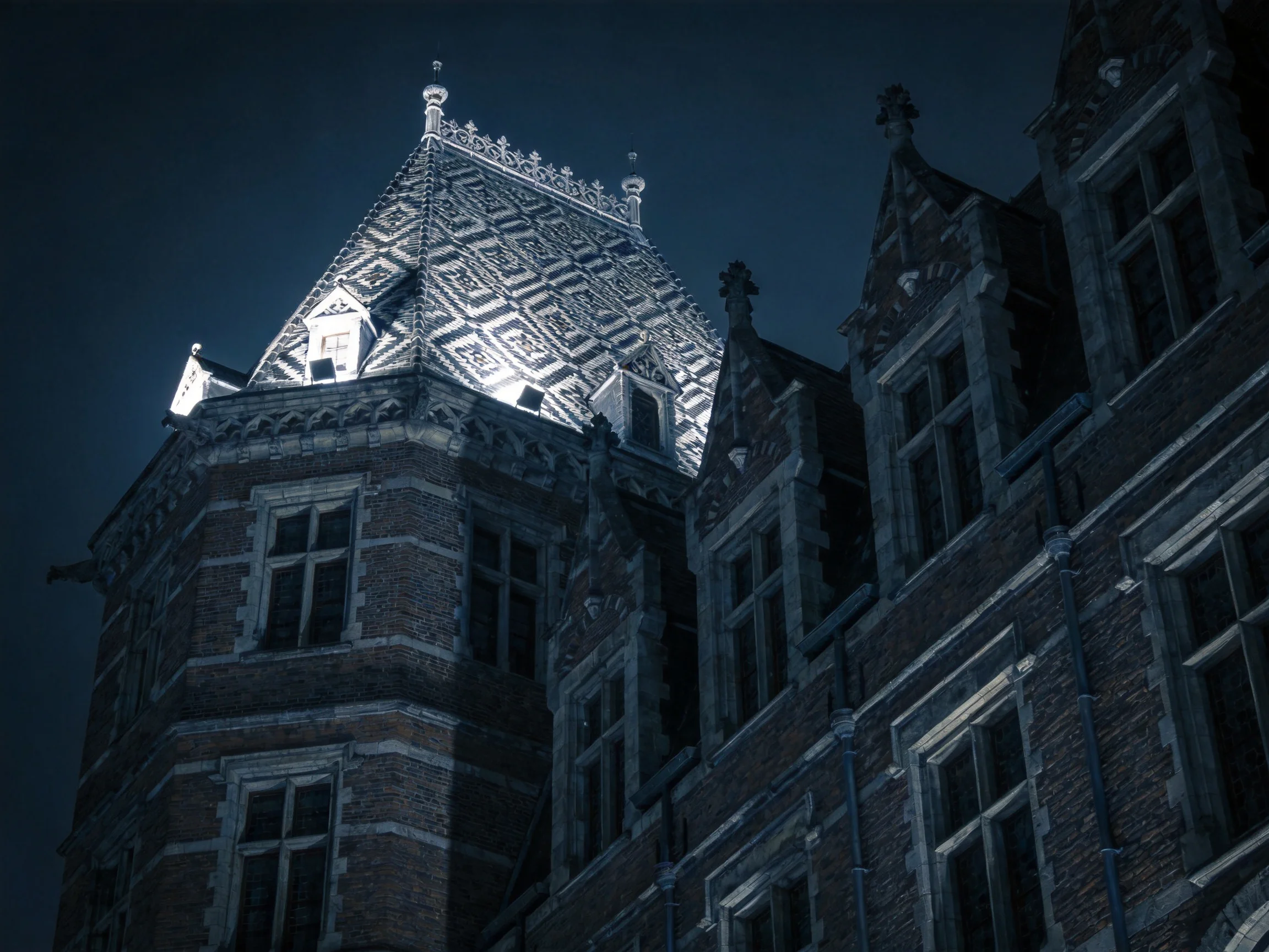 A Gothic-style brick mansion with elaborate roof patterns under dark skies