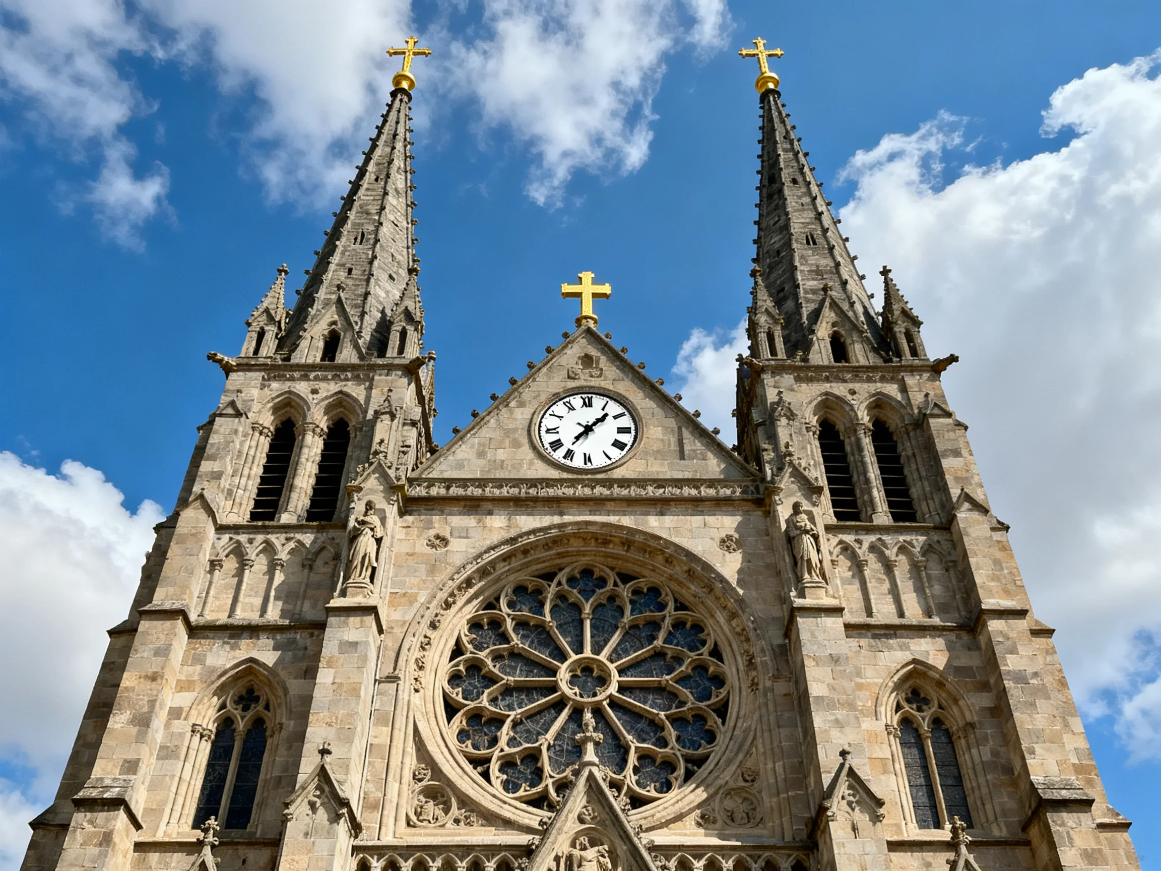 A Gothic-style stone cathedral with twin spires and a central rose window