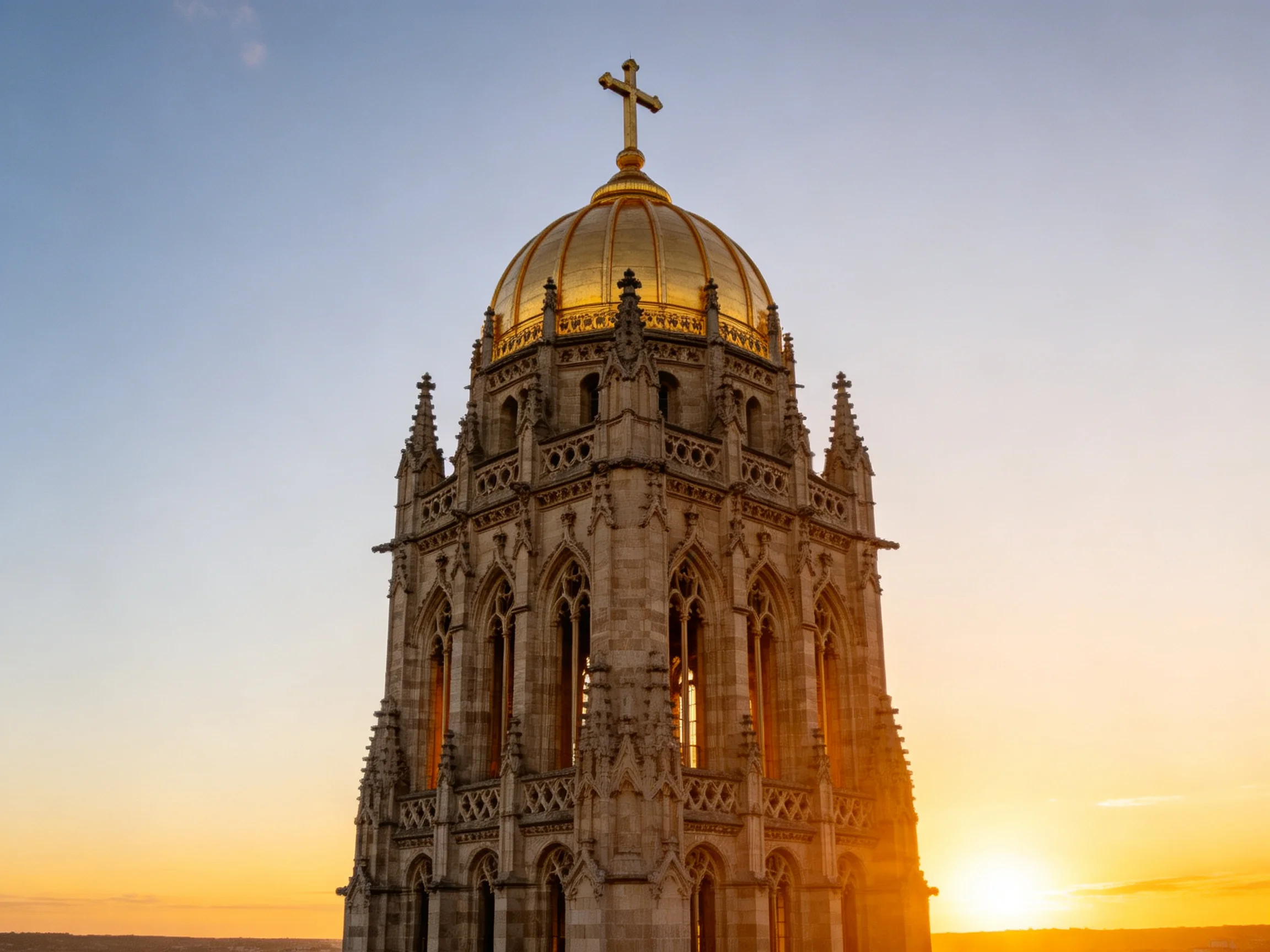 A Gothic tower with golden dome and cross at sunset